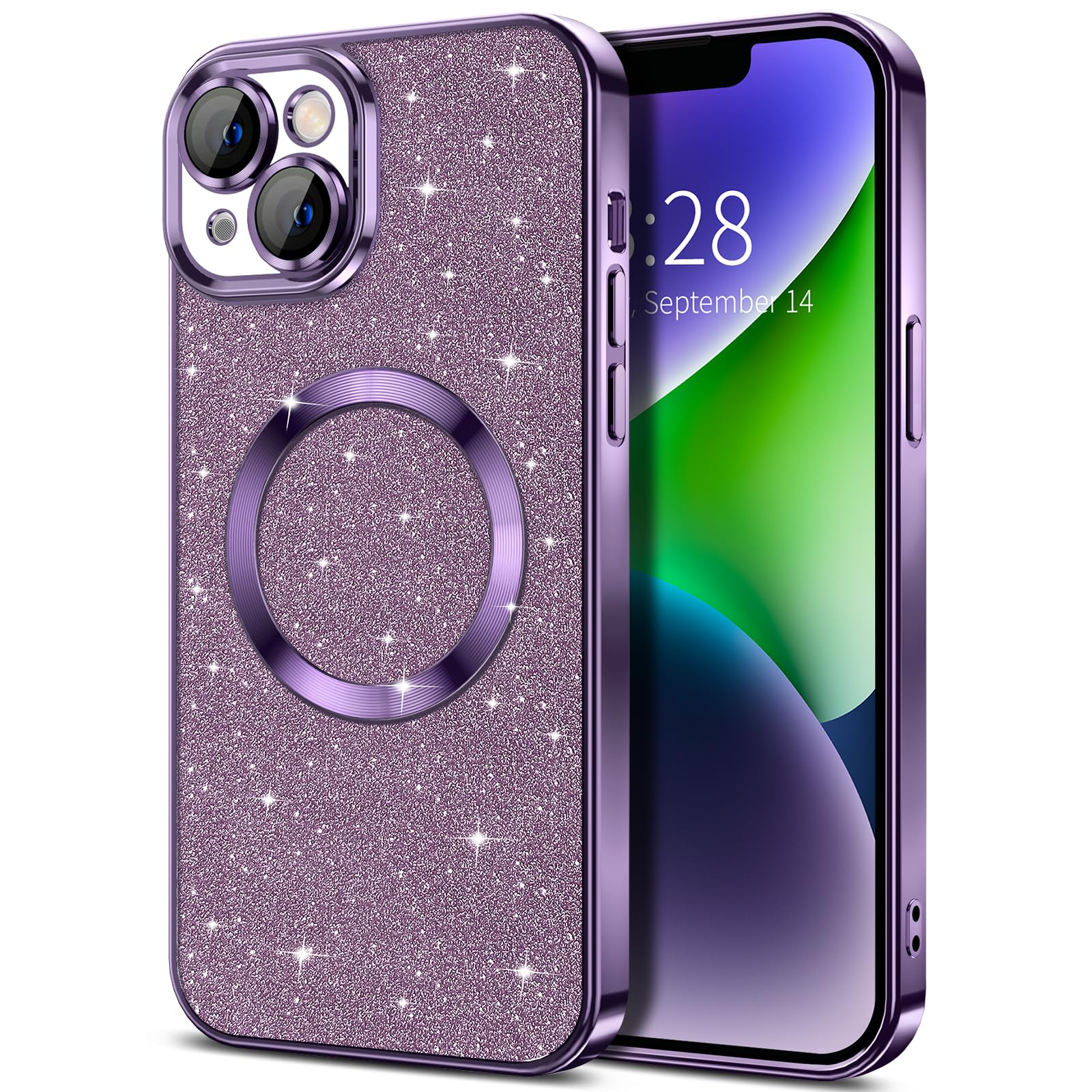 Hython For Iphone 14 Case Glitter, Clear Magnetic Phone Cases With Camera Lens Protector [Compatible With Magsafe] Bling Sparkle