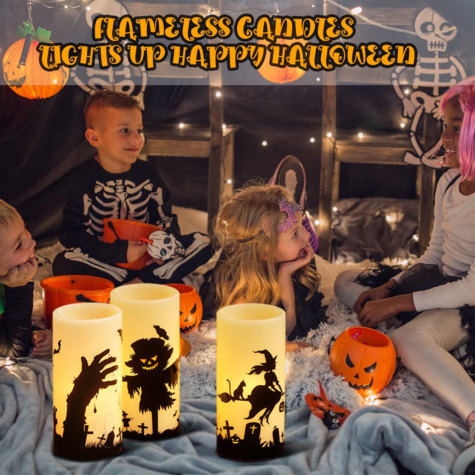 Wondise Halloween Flickering Flameless Candles With Remote, Battery Operated Led Real Wax Pillar Candles Set Of 3, Halloween Gif