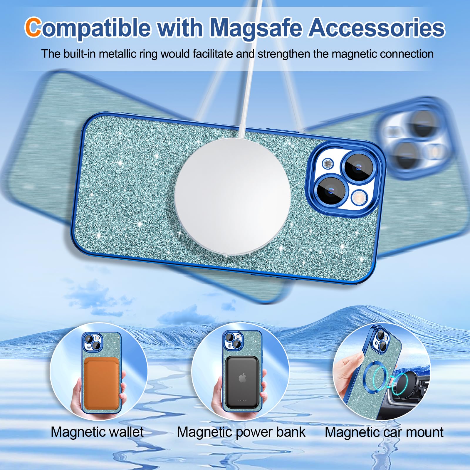 Hython For Iphone 14 Case Glitter, Clear Magnetic Phone Case With Camera Lens Protector [Compatible With Magsafe] Bling Sparkle