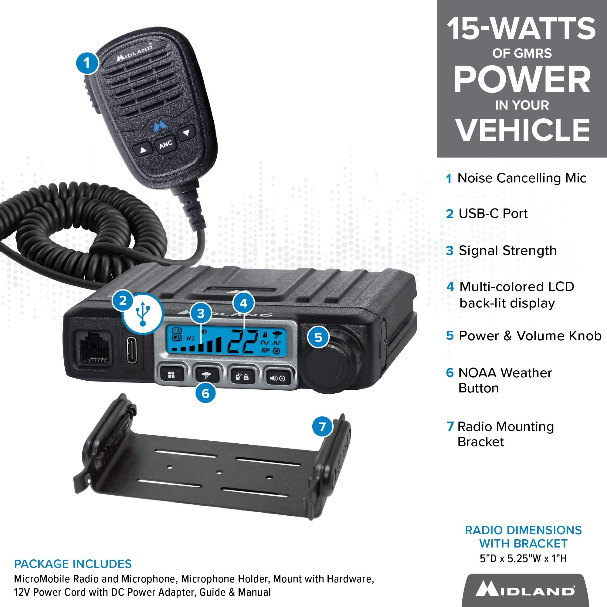 Midland � Mxt115Agvp3   15 Watt Gmrs Micromobile Two Way Radio   Off Roading Outdoor Farm Radio   Extended Range 3Db Gain Ghost Antenna, Antenna Cable, Mounting Bracket   Farm Tractor Bundle