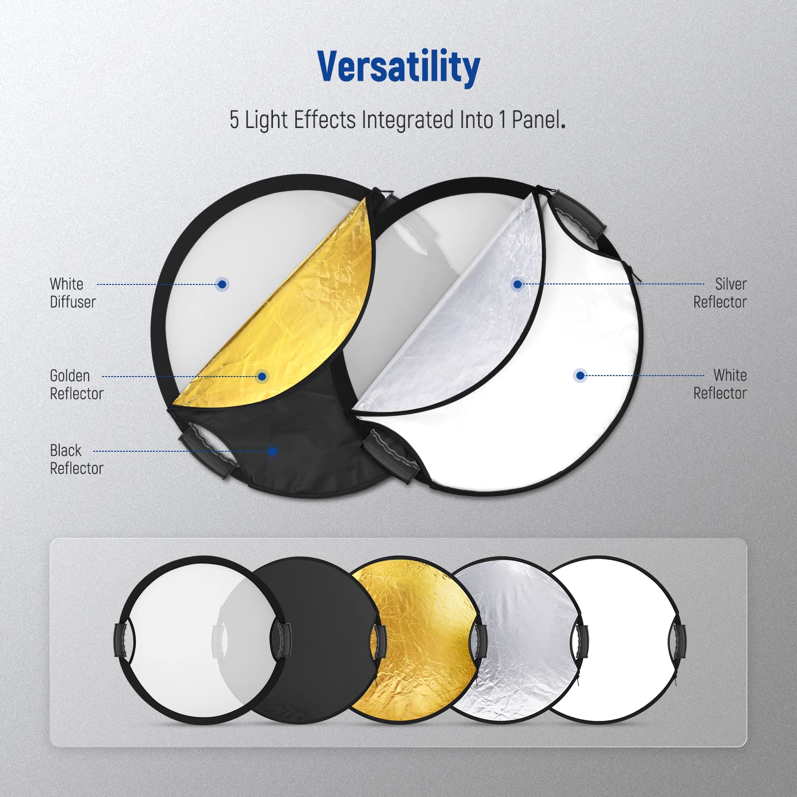 Neewer 22''/56Cm Light Reflector With Handle Grip With 3/8'' Thread, 5 In 1 Collapsible Disc Light Diffuser Translucent/Silver/G