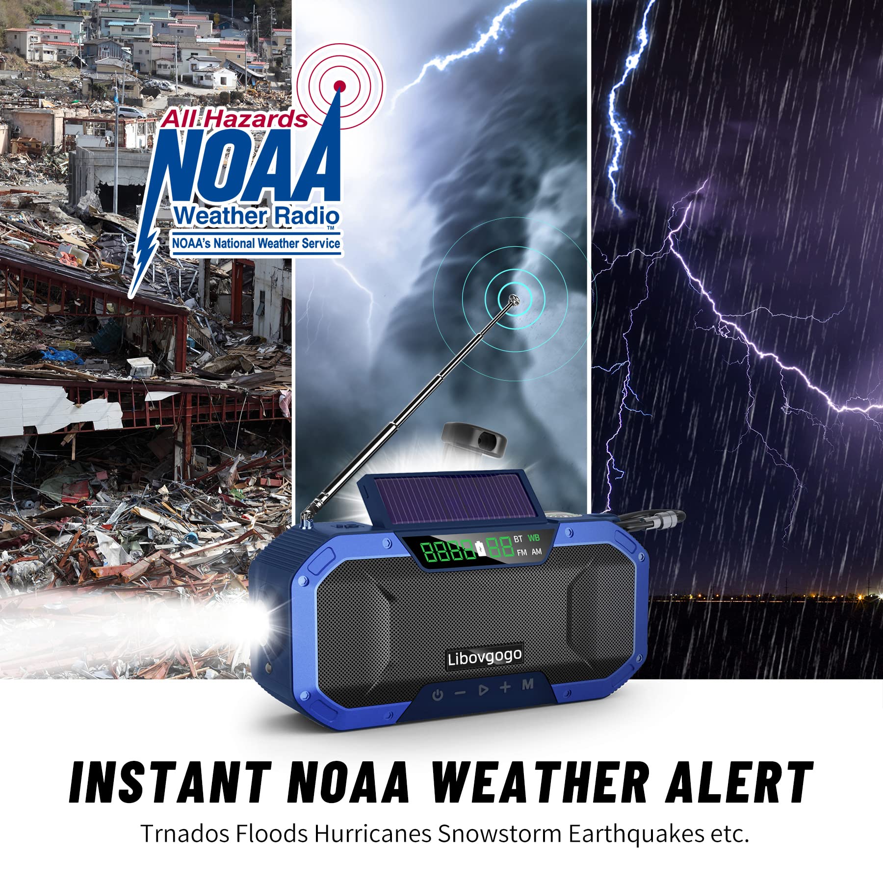 Emergency Radio Waterproof Bluetooth Speaker,Portable Digital Am Fm Radio With Flashlight,Reading Lamp,Hand Crank Noaa Weather R