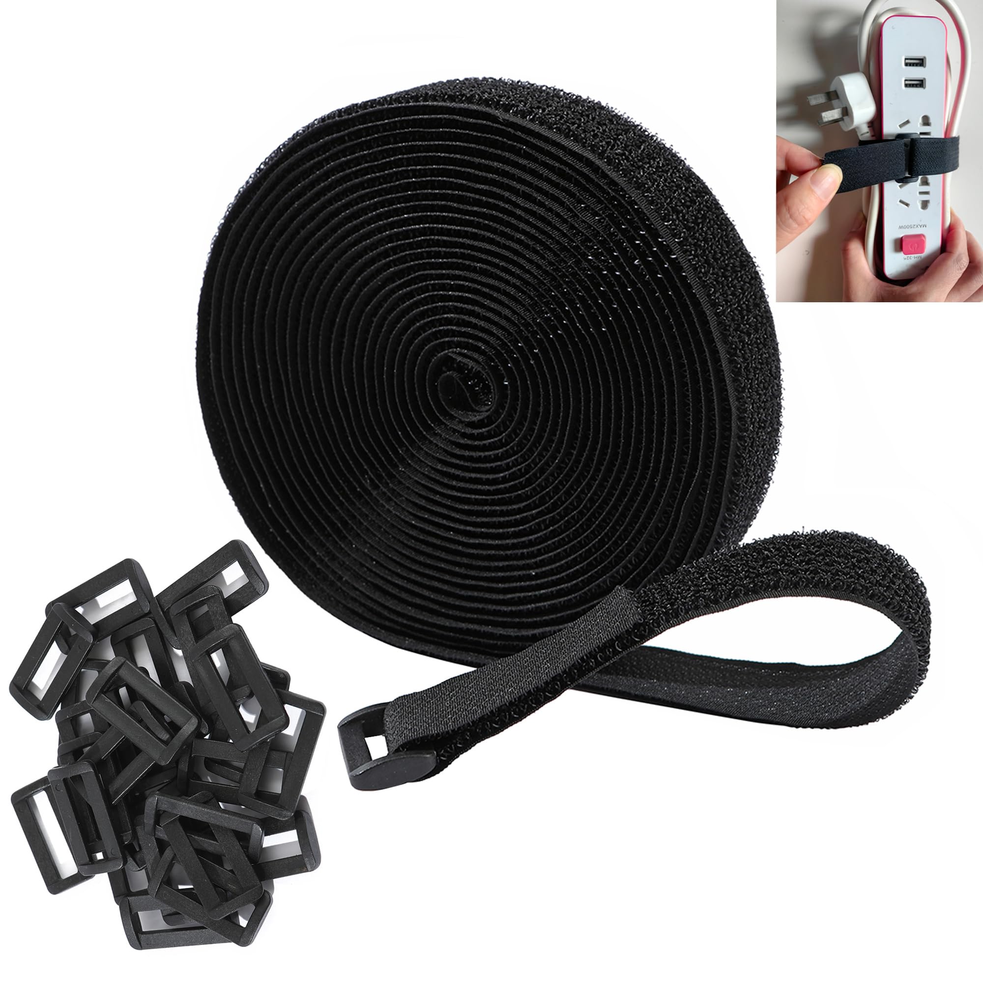 1''X16Ft Hook And Loop Cable Securing Straps With 25 Buckles, Free Cut Length | Adjustable | Reusable Fastening Cable Ties, 1 In