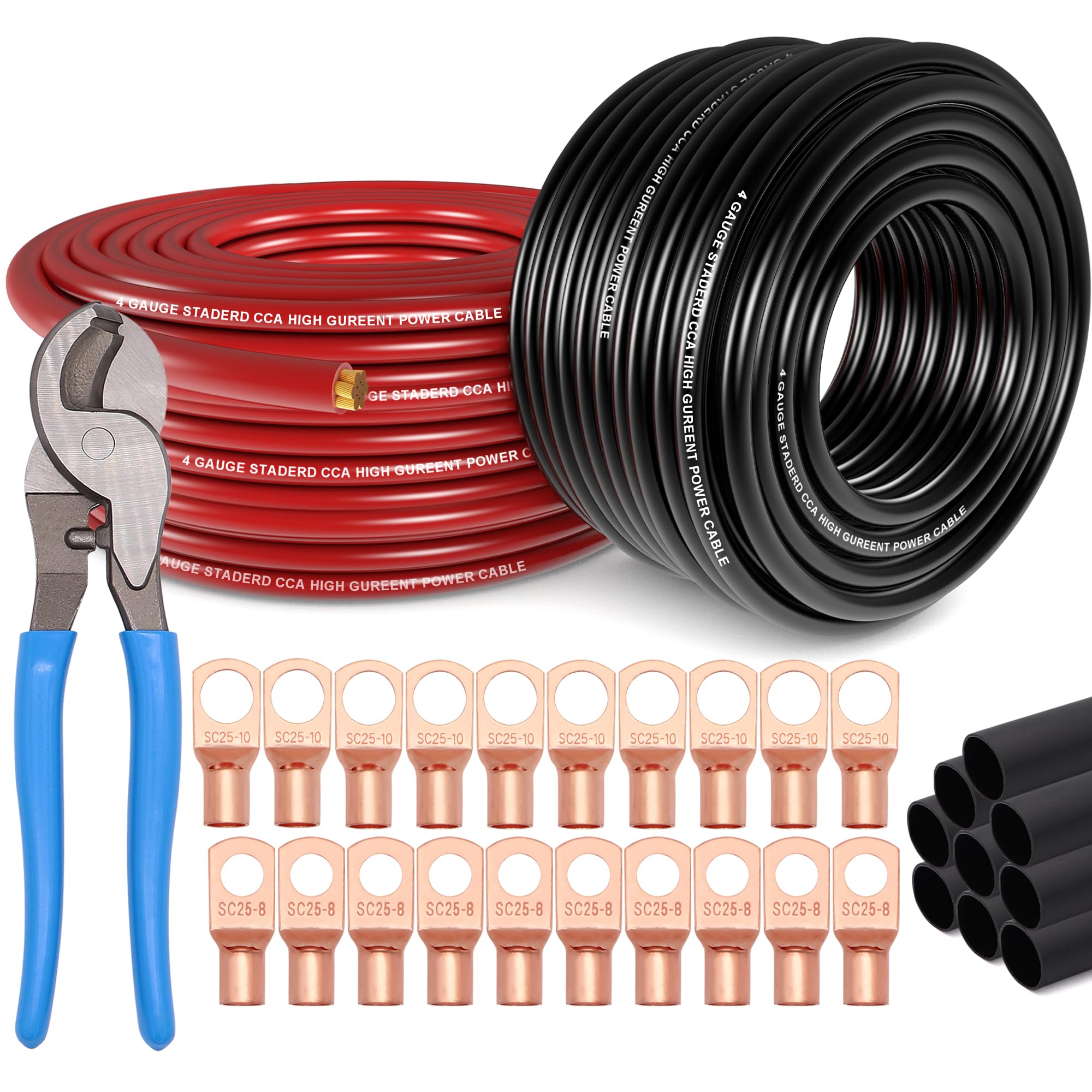 4 Gauge Wire (50Ft Each   Red/Black) Copper Clad Aluminum Cca With Cable Cutter,Lugs Terminal Connectors And Heat Shrink Tube  