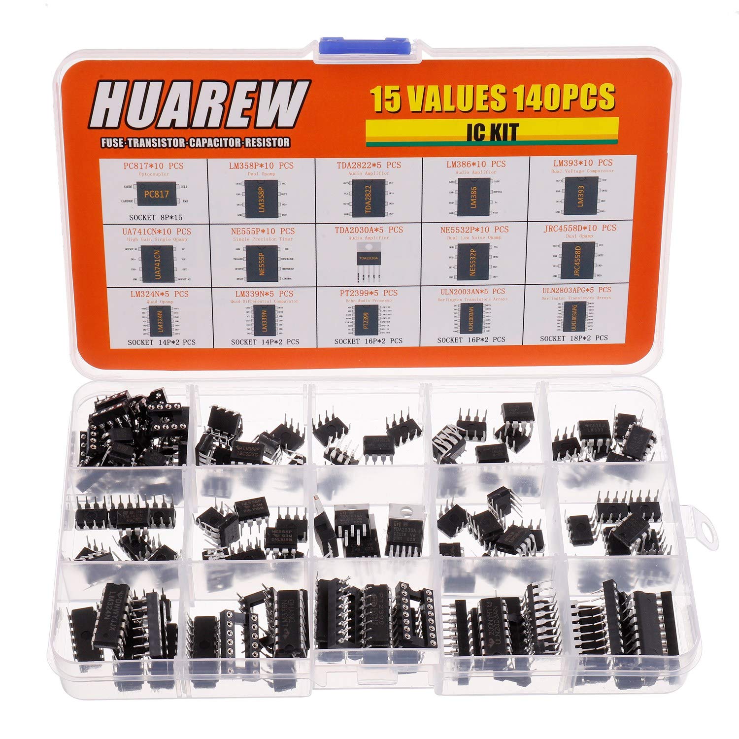 Huarew 15 Values 140 Pcs Opamp Timer Darlington Phototcoupler Pc817 Lm358P Tda2822 Lm386 Lm393 Ua741Cn Ne555P Tda2030A Ne5532P J