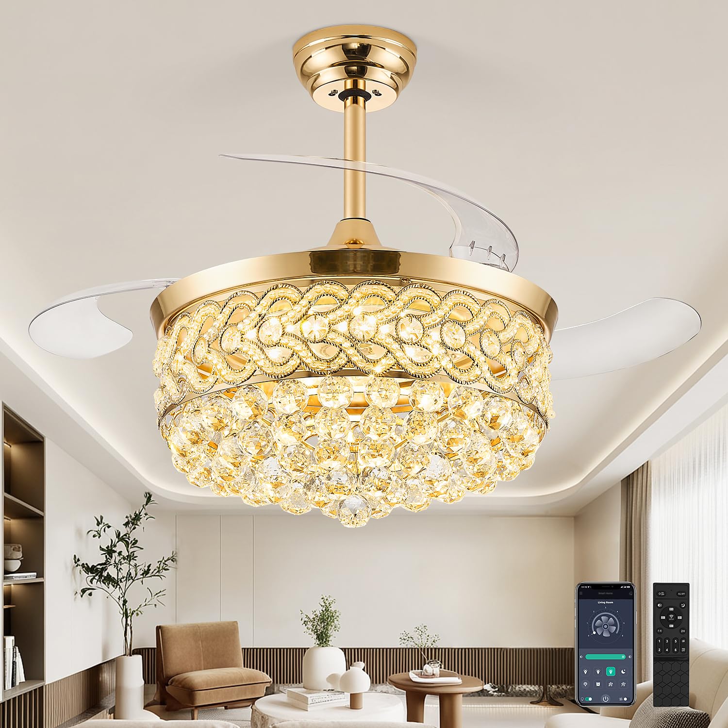 TXCSLY 52 Crystal Fandelier Ceiling Fan with Light, Retractable Ceiling Fans Chandelier Fan with Retractable Blades Dimmable Cry