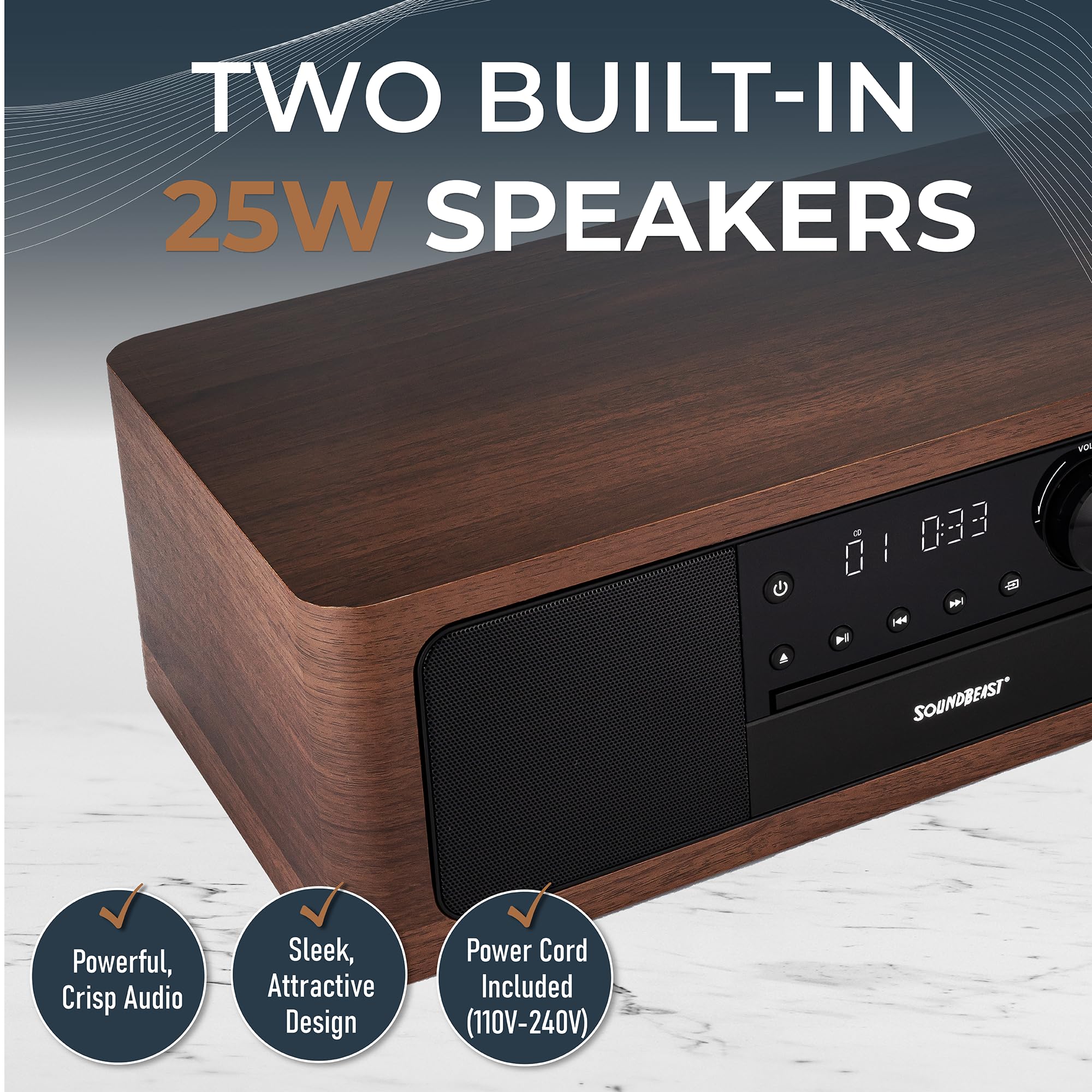 Soundbeast Stereo Shelf System With Cd Player, Bluetooth, Fm Radio, Usb Playback, Aux In, Optical In, Alarm Clock, & Remote Cont