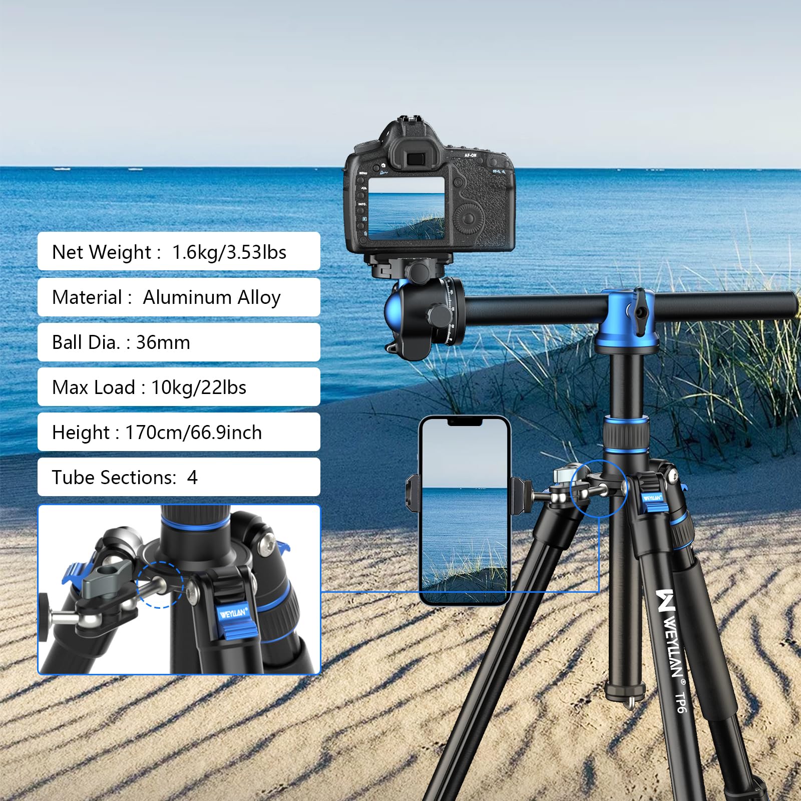 Weyllan Tp6 Tripod For Camera, 67'' Horizontal Overhead Camera Tripod Aluminum Portable Monopod With 36Mm Ball Head, Tripod Phon