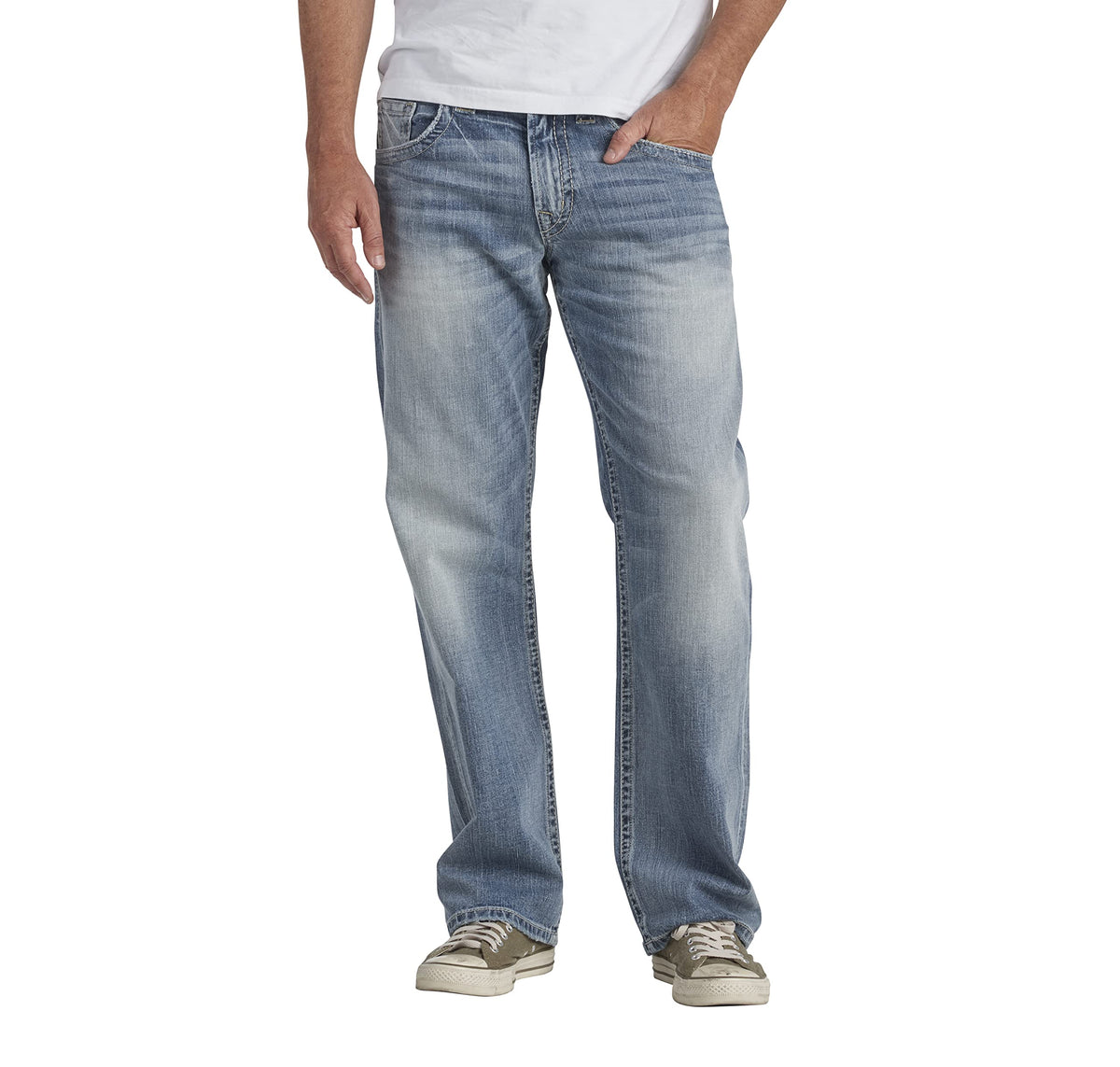 Silver Jeans Co Mens Gordie Loose Fit Straight Leg Jeans, Light Wash Indigo, 33W X 34L