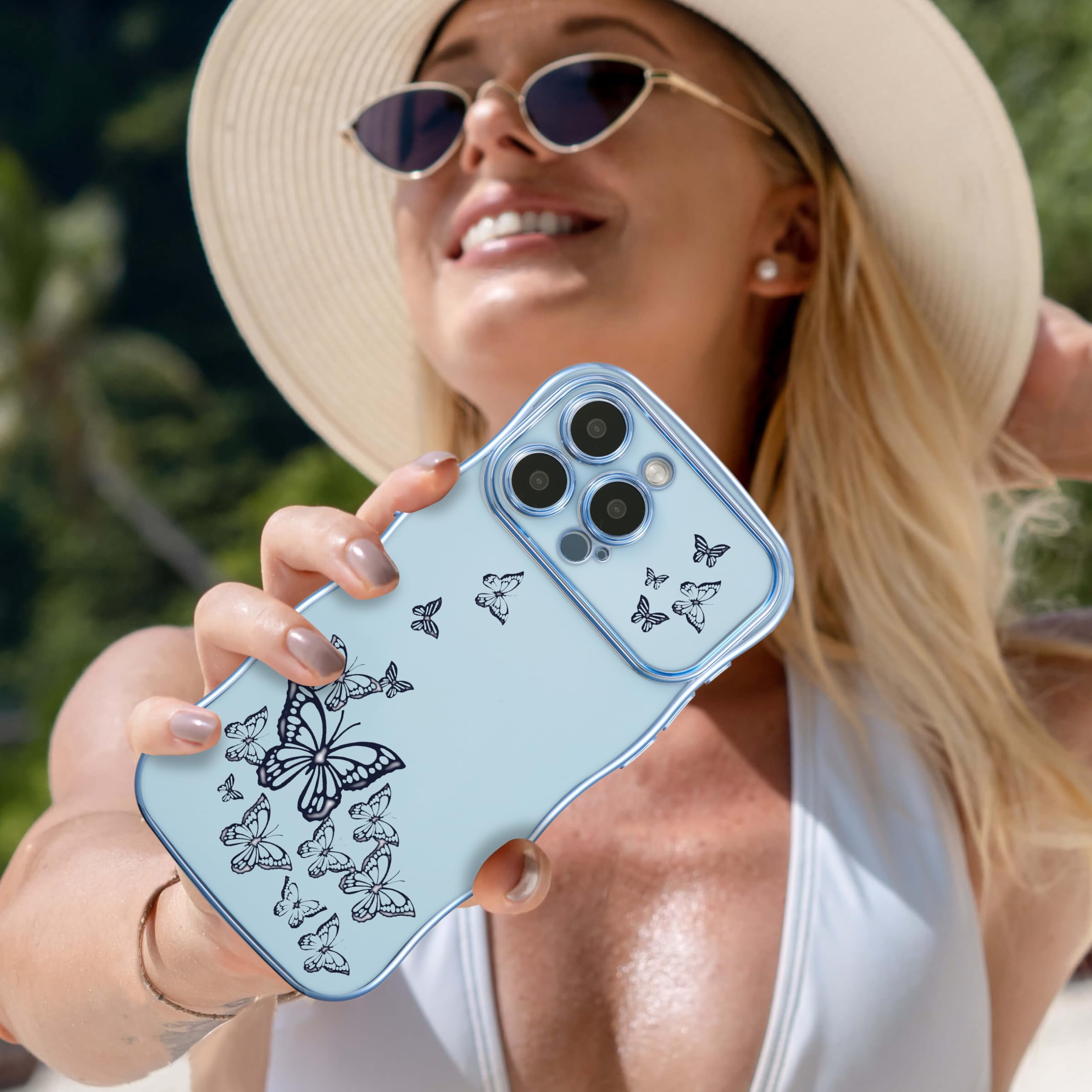 Ztofera For Iphone 14 Pro Max Case For Girl Women, Cute Curly Wave Frame With Luxury Plating Butterfly Pattern, Soft Tpu Shockpr