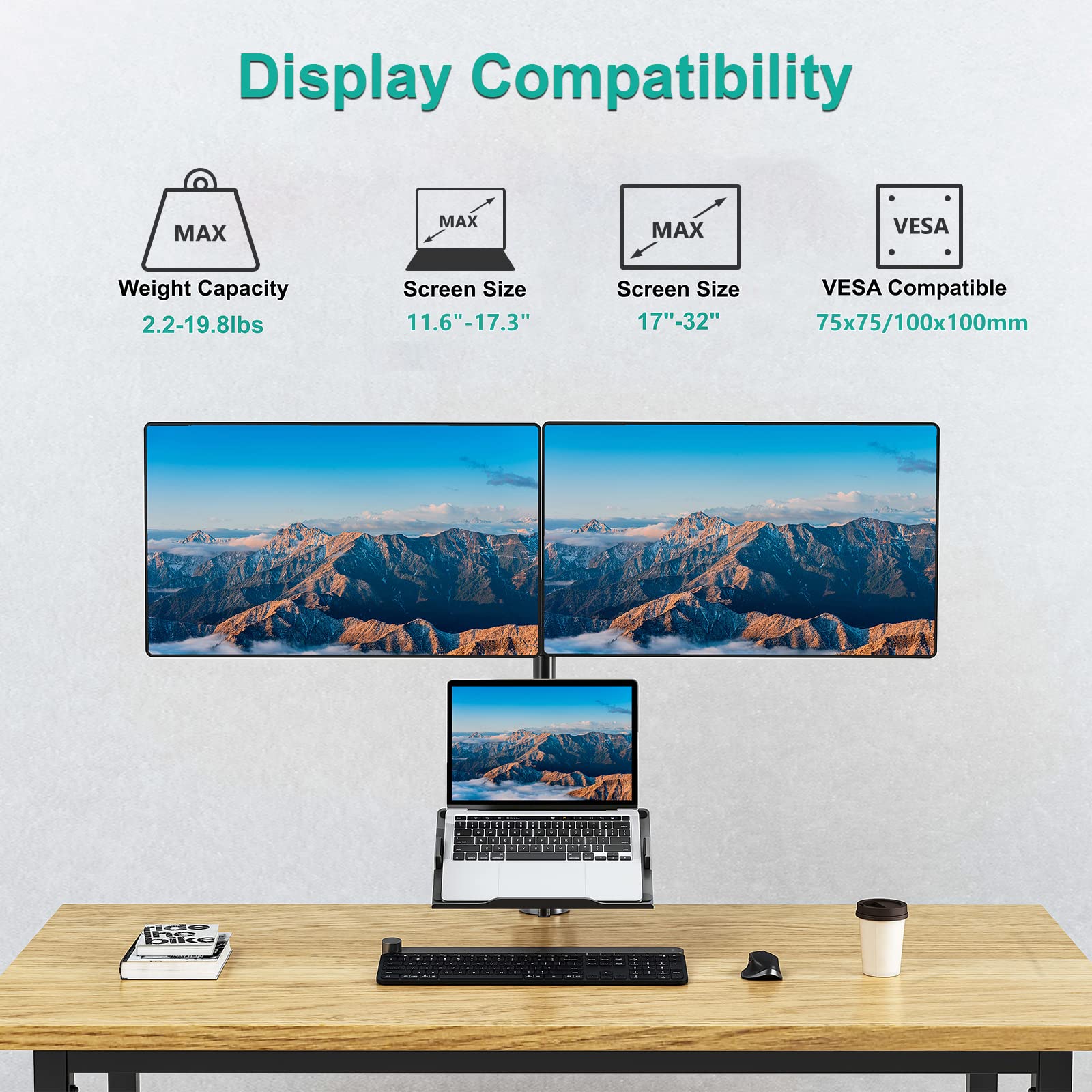 WALI Laptop Mount and Dual Monitor for Max 32' Monitor and 17' Laptop, Adjustable Spring Arm with Tilt, Swivel and Rotation, Dual Monitor and Notebook Stand with VESA 75/100mm(GSDM003LP), Black