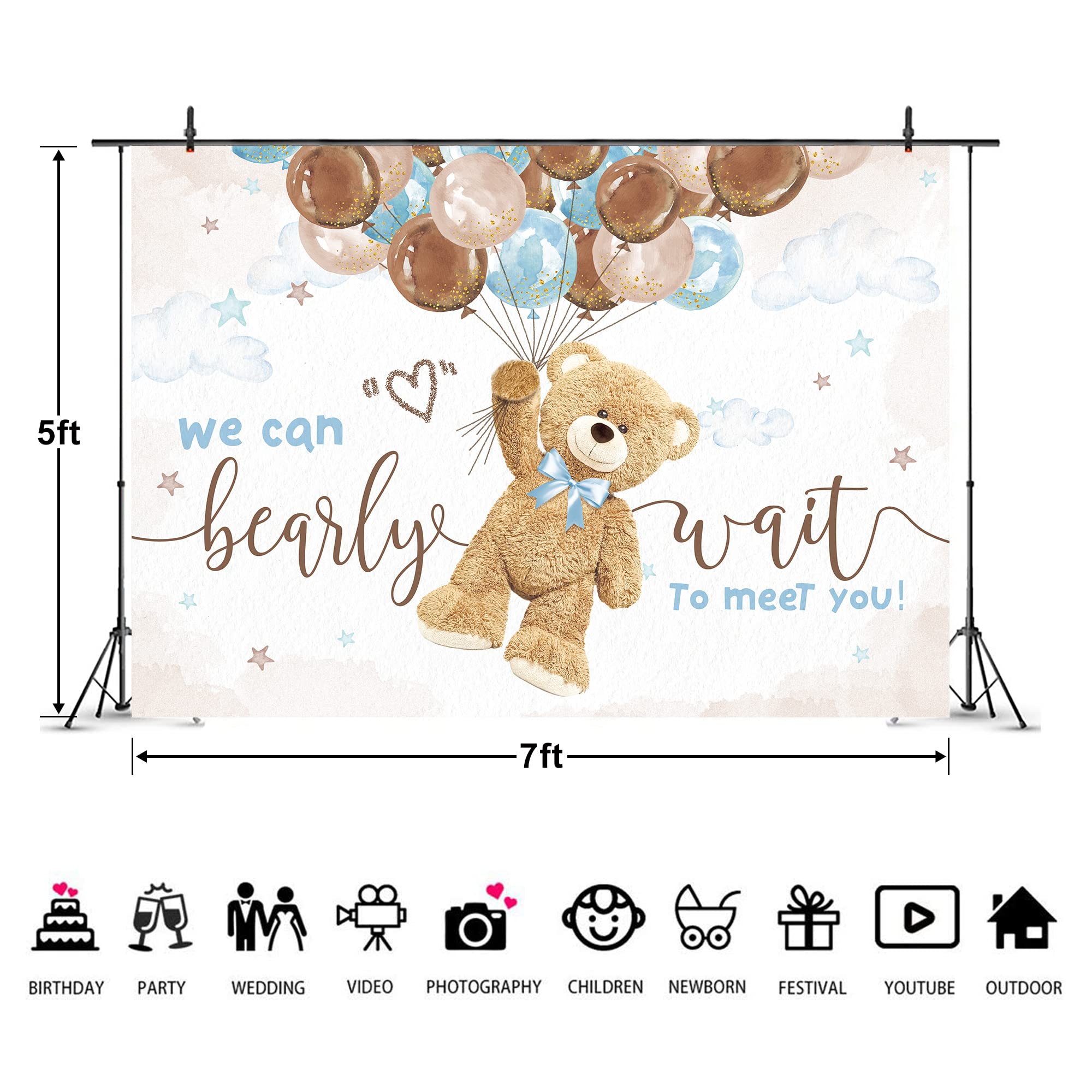 Imirell Bear Baby Shower Backdrop 7Wx5H Feet Boys We Can Bearly Wait To Meet You Cute Cartoon Lovely Balloons Polyester Fabric K
