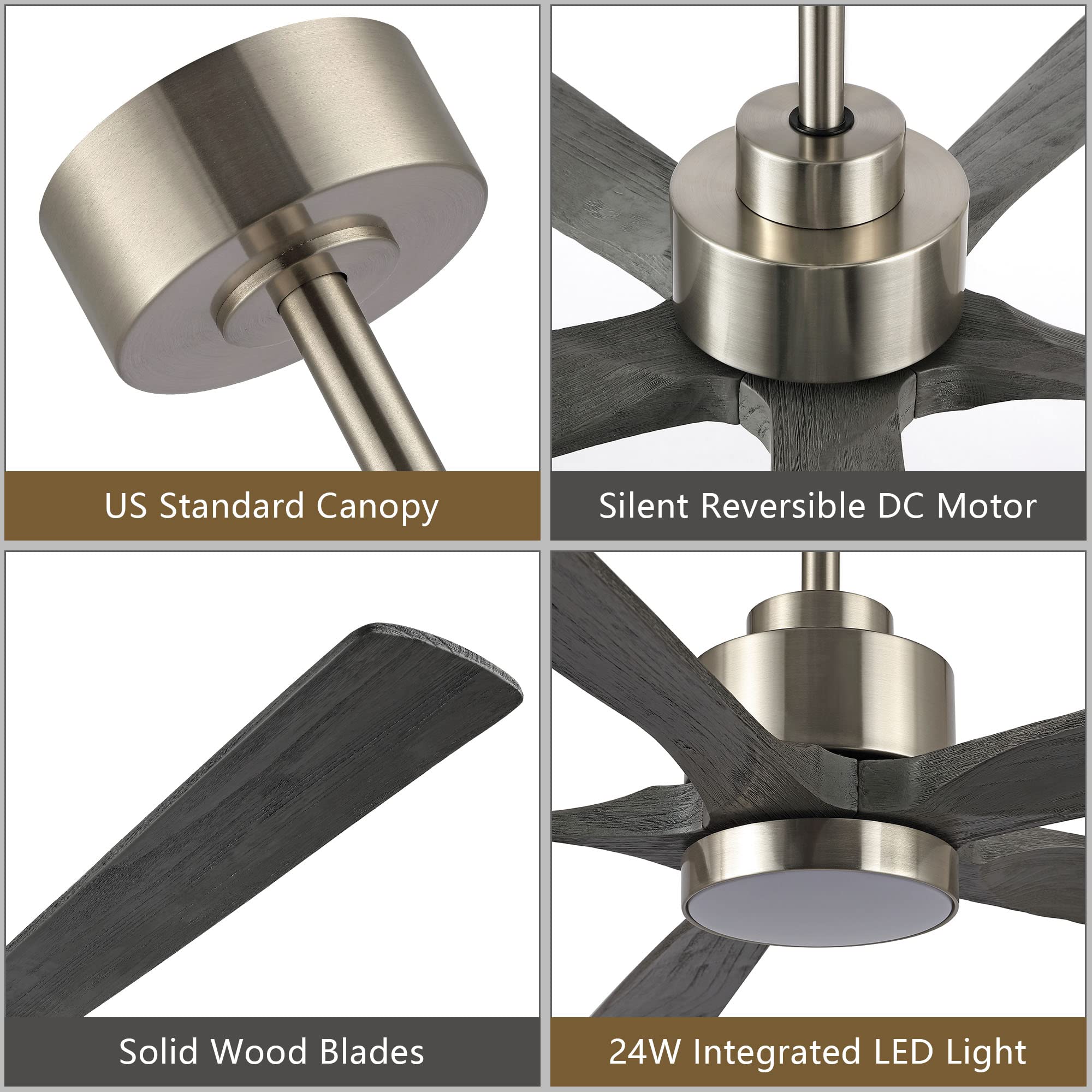 Elehinser 52'' Modern Ceiling Fan With Lights And Remote Control, 5 Solid Wood Blades 6 Speed Noiseless Reversible Dc Motor, Cei