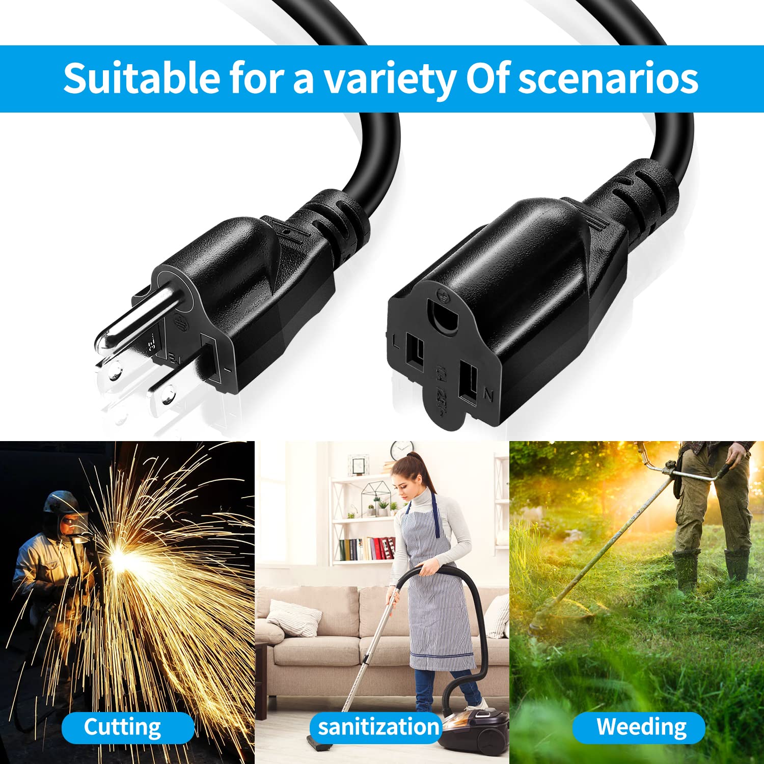 Short Power Extension Cord Outlet Saver, 16Awg/13A, 3 Prong (1Ft)