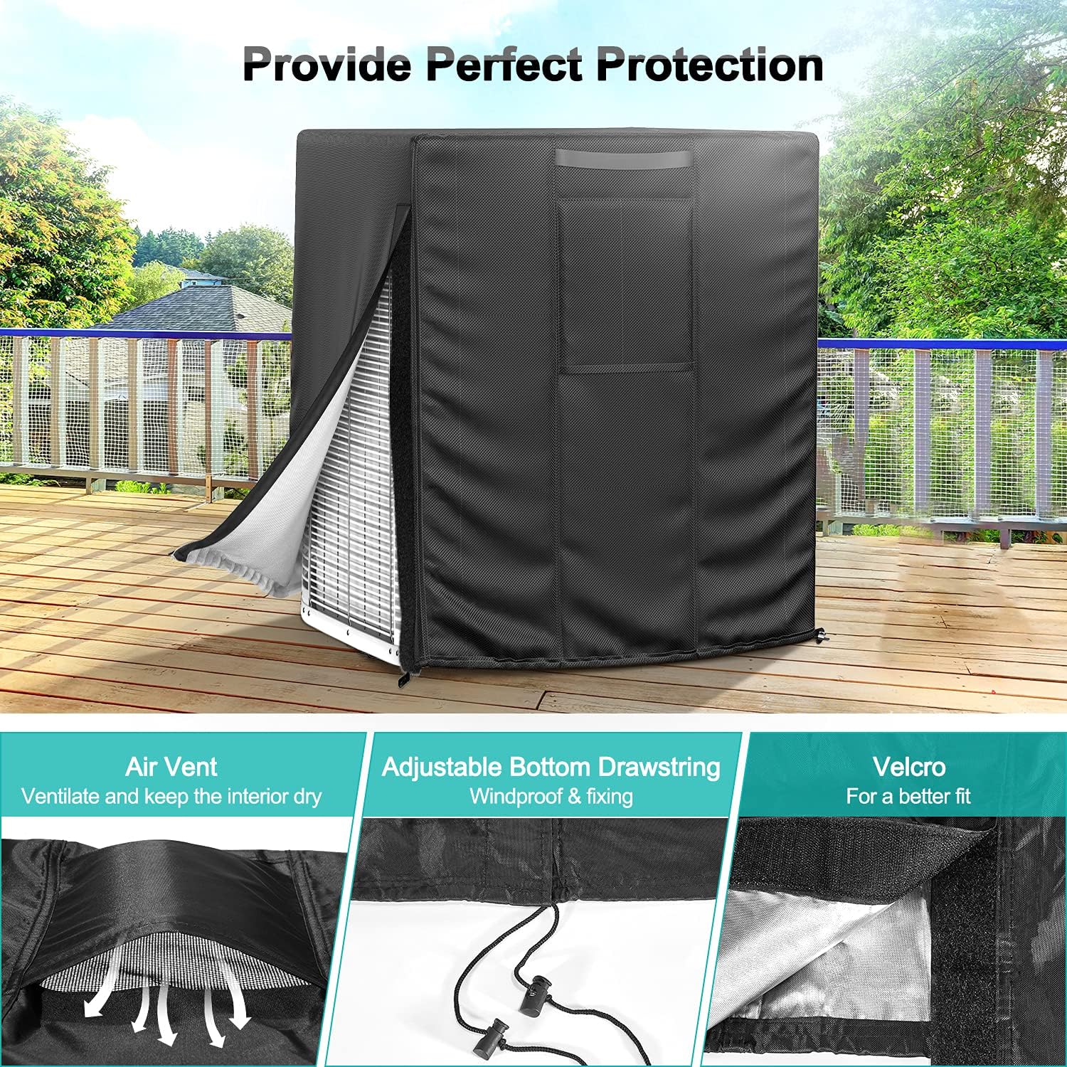 Brosyda Central Large Air Conditioner Cover For Outside Units, Waterproof & Windproof Outdoor Ac Units Cover Black (34''X34''X38
