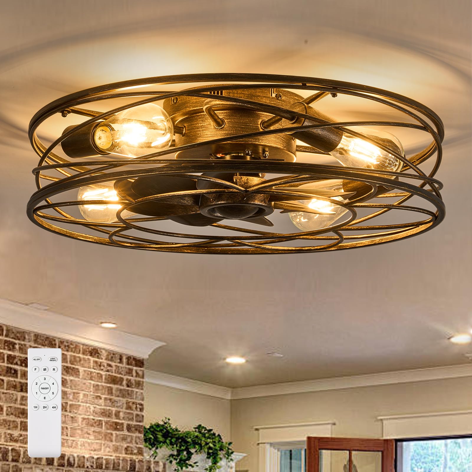 Flush Mount Caged Ceiling Fan: 20'' Caged Ceiling Fan With Lights And Remote, Bladeless Low Profile Ceiling Fans 6 Speed Reversi