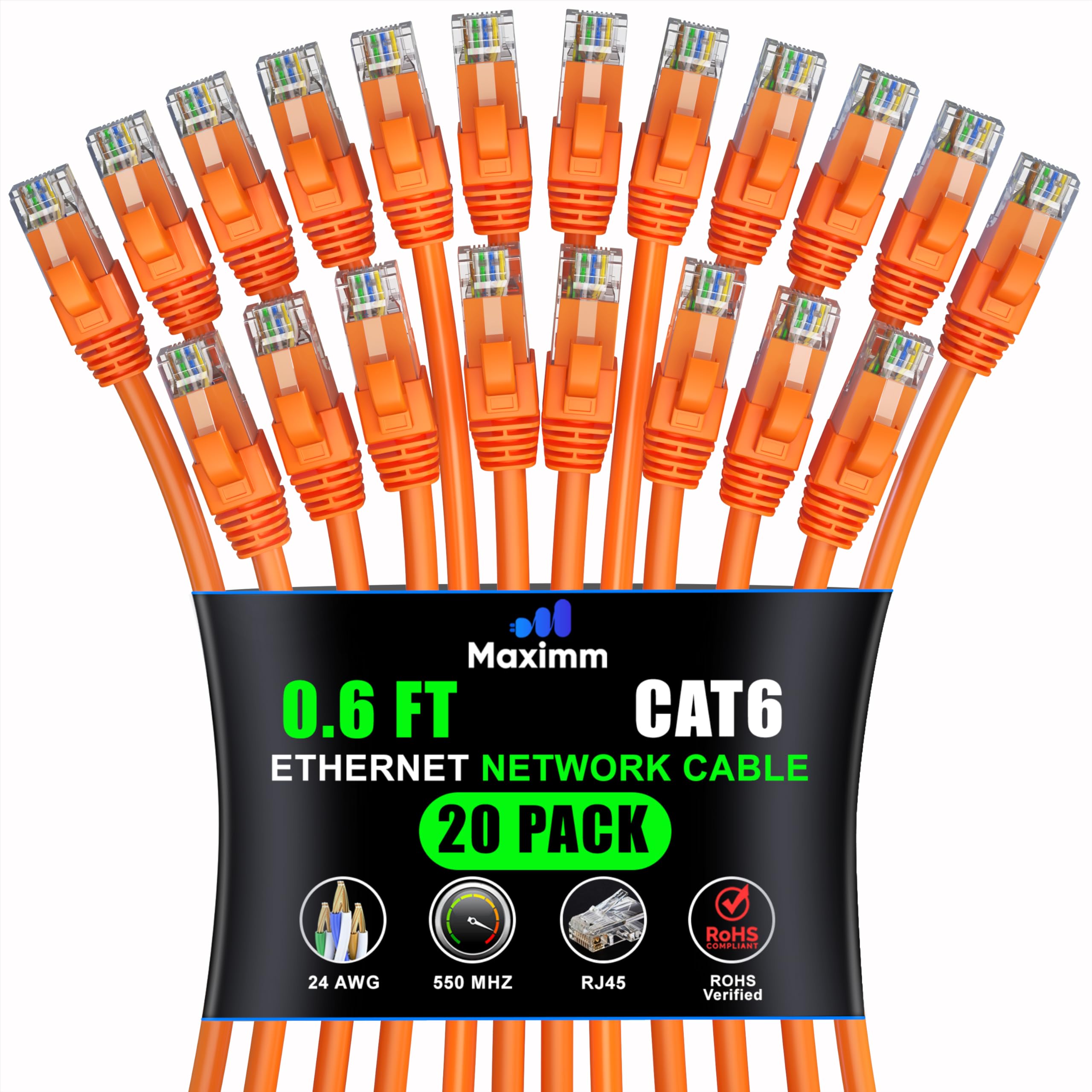 Maximm Cat 6 Ethernet Cable 0.6 Ft (20 Pack)   High Speed Lan Cable, Internet Cable, Patch Cable, And Network Cable   Utp, 10Gbps, 550Mhz Ethernet Cord   Orange