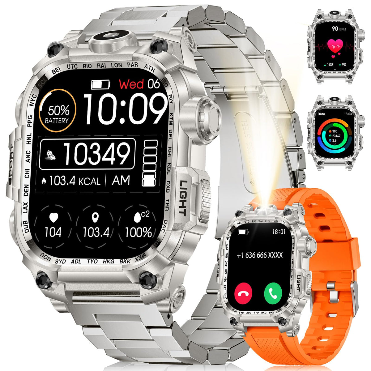 Lige Military Smart Watch For Men, 2.01 '' Led Flashlight Rugged Smartwatch, 100+ Sports Fitness Tracker Watch, 700Mah Long Batt
