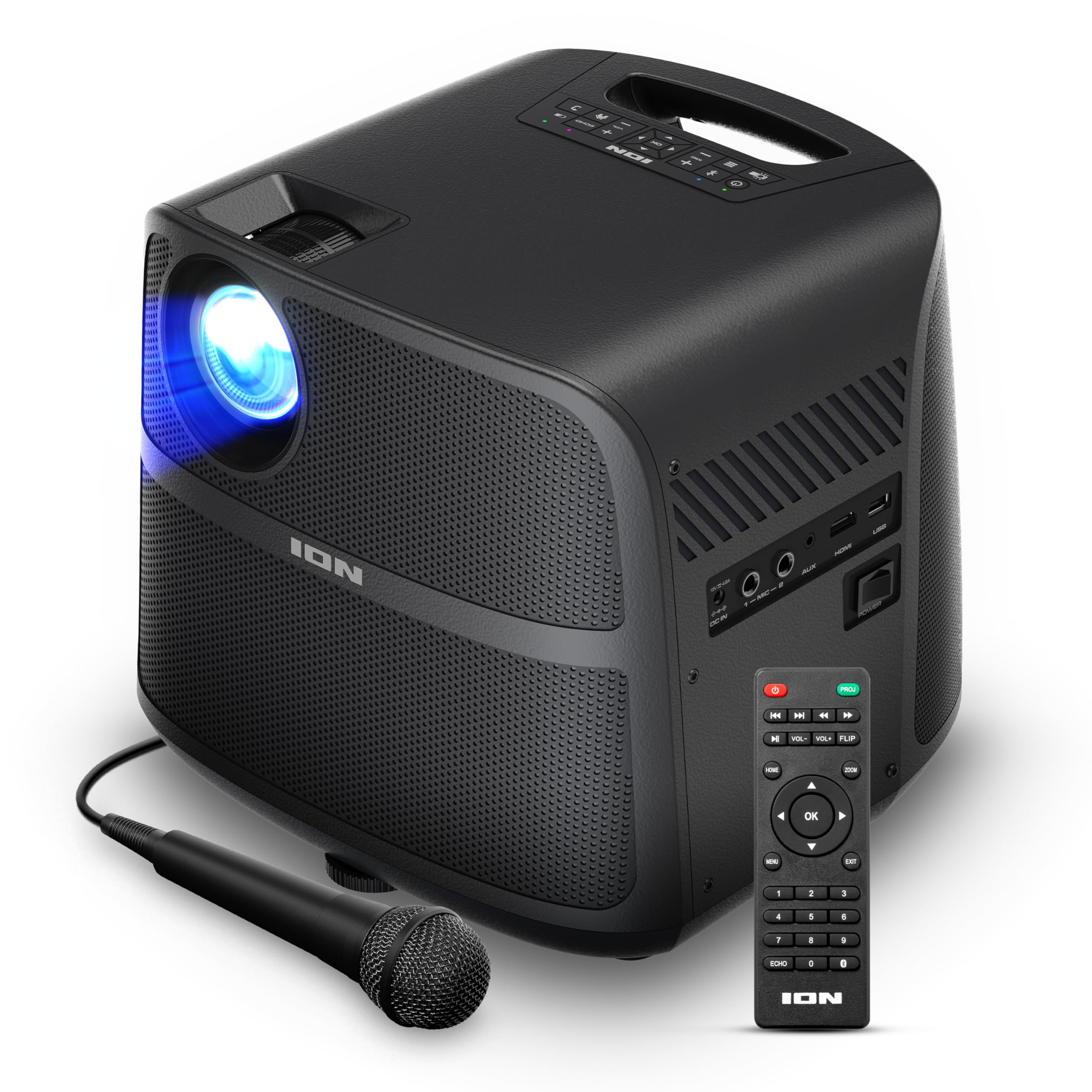 Ion Portable Outdoor Led Projector With 70W Speakers, Bluetooth, Rechargeable Battery, Mic, Usb And Hdmi Connections, 720P Hd
