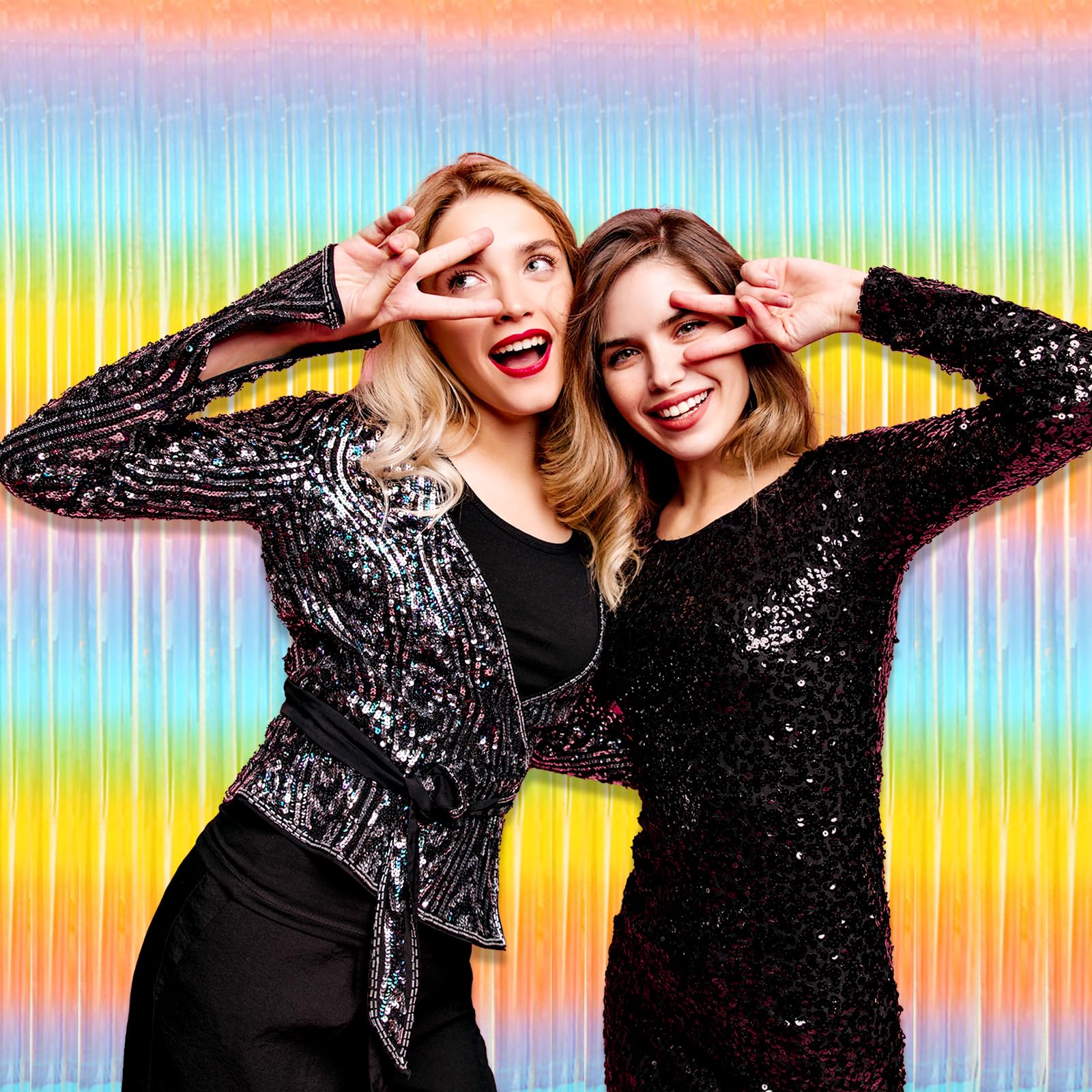 6 Pack Rainbow Foil Fringe Curtain Backdrop, 3.28Ft X 8.2Ft Metallic Tinsel Foil Fringe Streamer Curtains For Photo Booth, Birth