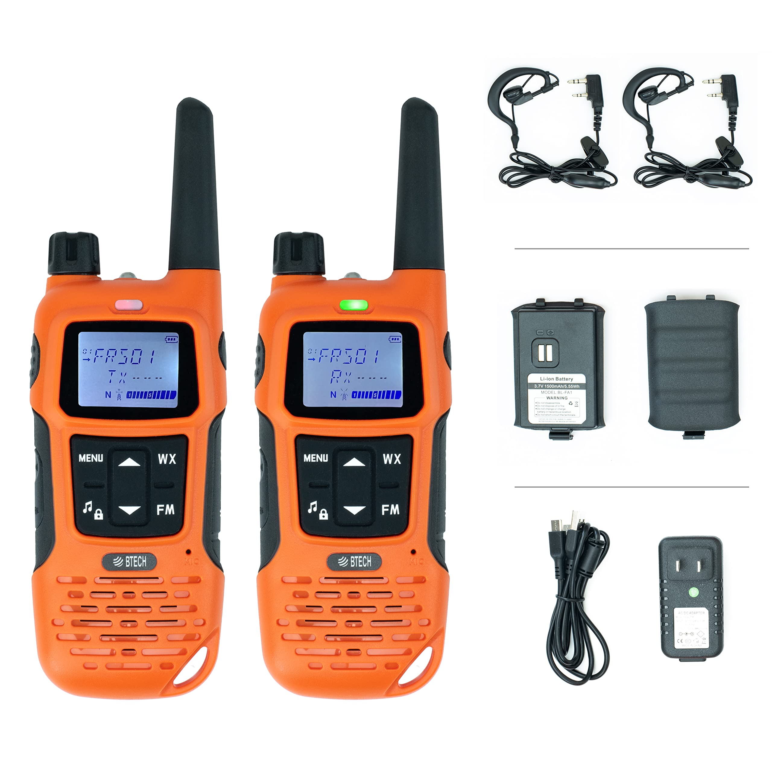 BTECH FRS-A1 2 Pack FRS Orange Walkie Talkies, NOAA, High Output Two-Way Radio. USB-C Charging, Built in Flashlight, FM Radio, N