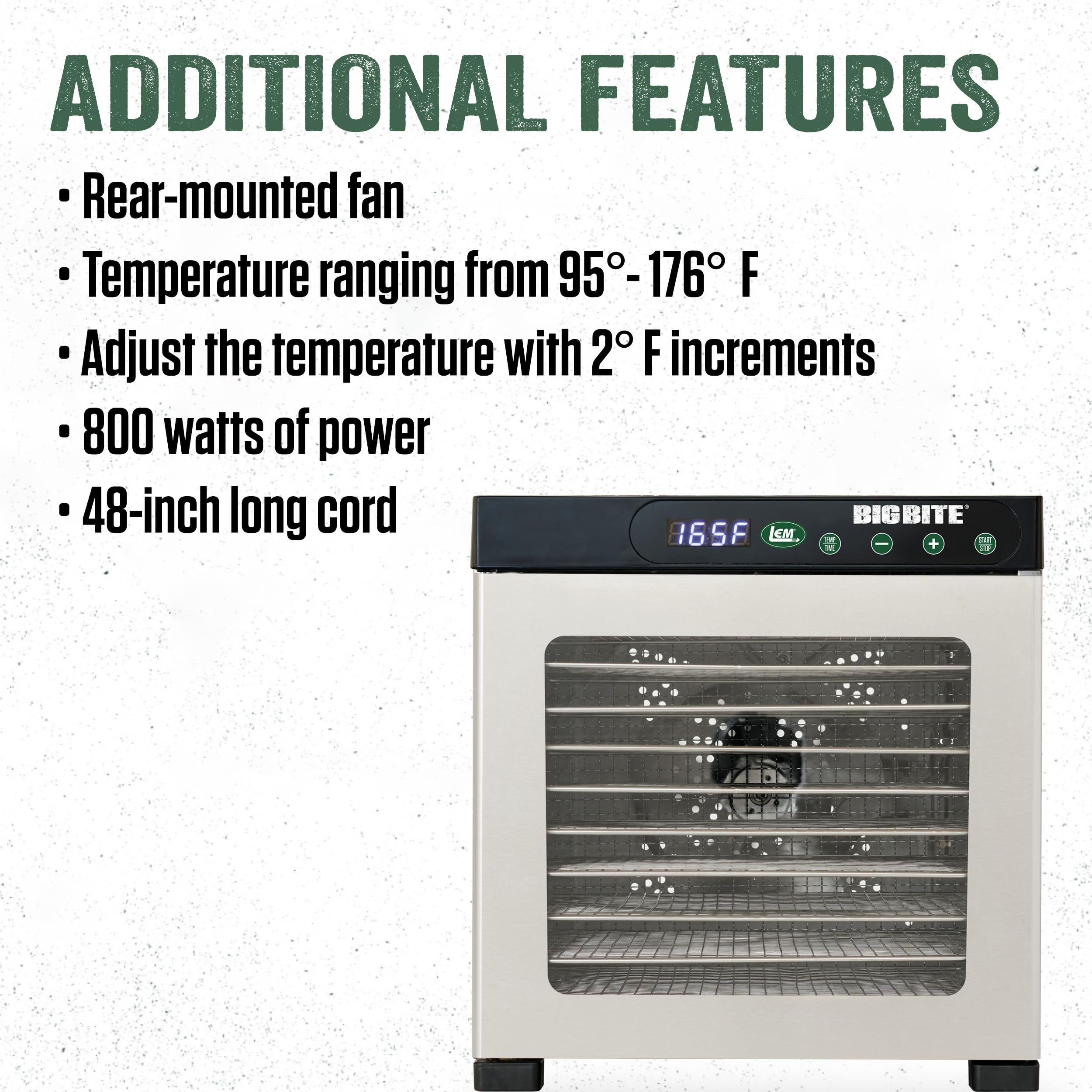 Lem Products Bigbite 10-Tray Stainless Steel Dehydrator, Food Dehydrator For Beef Jerky, Meat, Vegetables, And Fruits, Includes