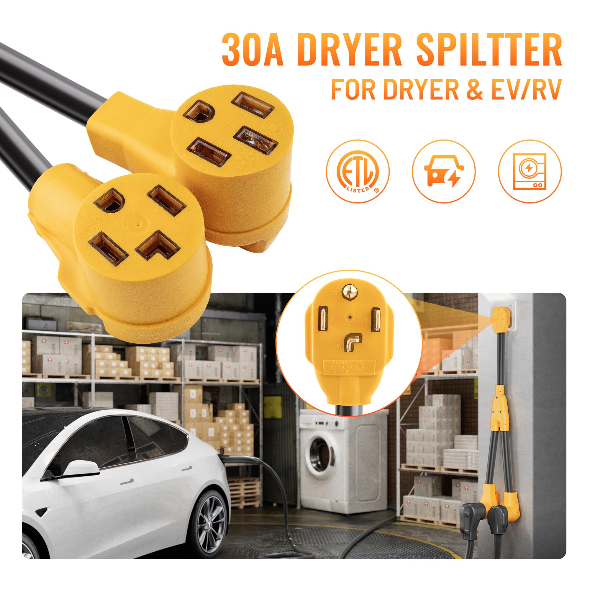 Mecmo 30 Amp Dryer Y Splitter To Rv/Ev, Nema 14 30P To 14 50R / 14 30R Splitter Power Cord Adapter, Dryer 4 Prong 30 Amp Y Adapt