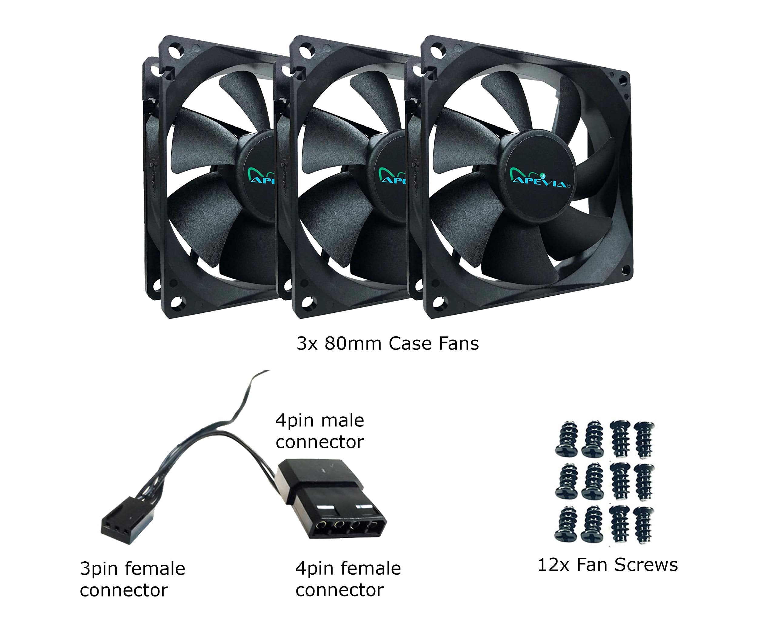 Apevia Af38S Bk 80Mm 4Pin Molex + 3Pin Motherboard Silent Black Case Fan (3 Pk)