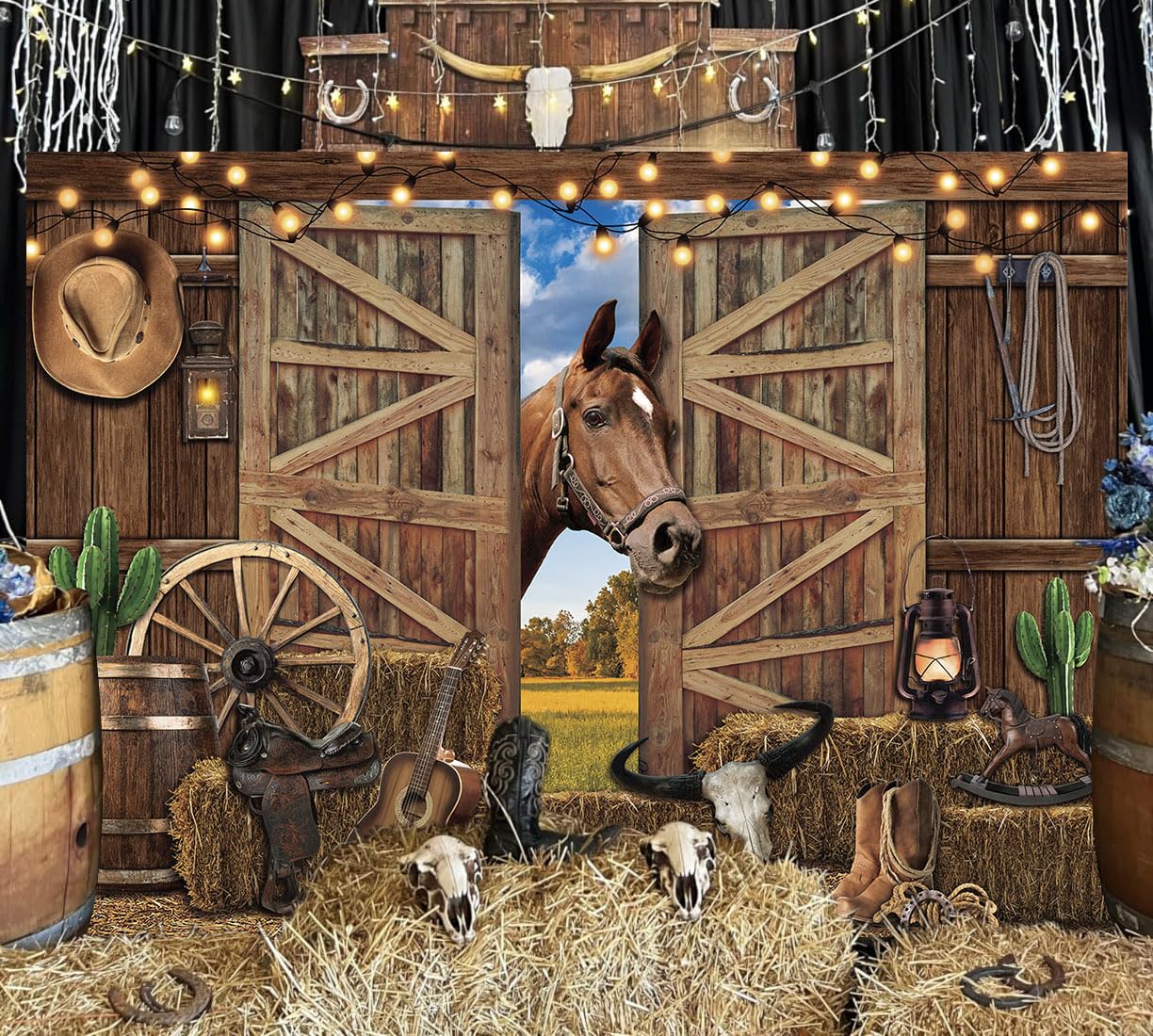 Pgsweer 7X5Ft Western Cowboy Backdrop Cowboys Horse Photography Background Rustic Wooden Barn House Western Party Decorations Ba