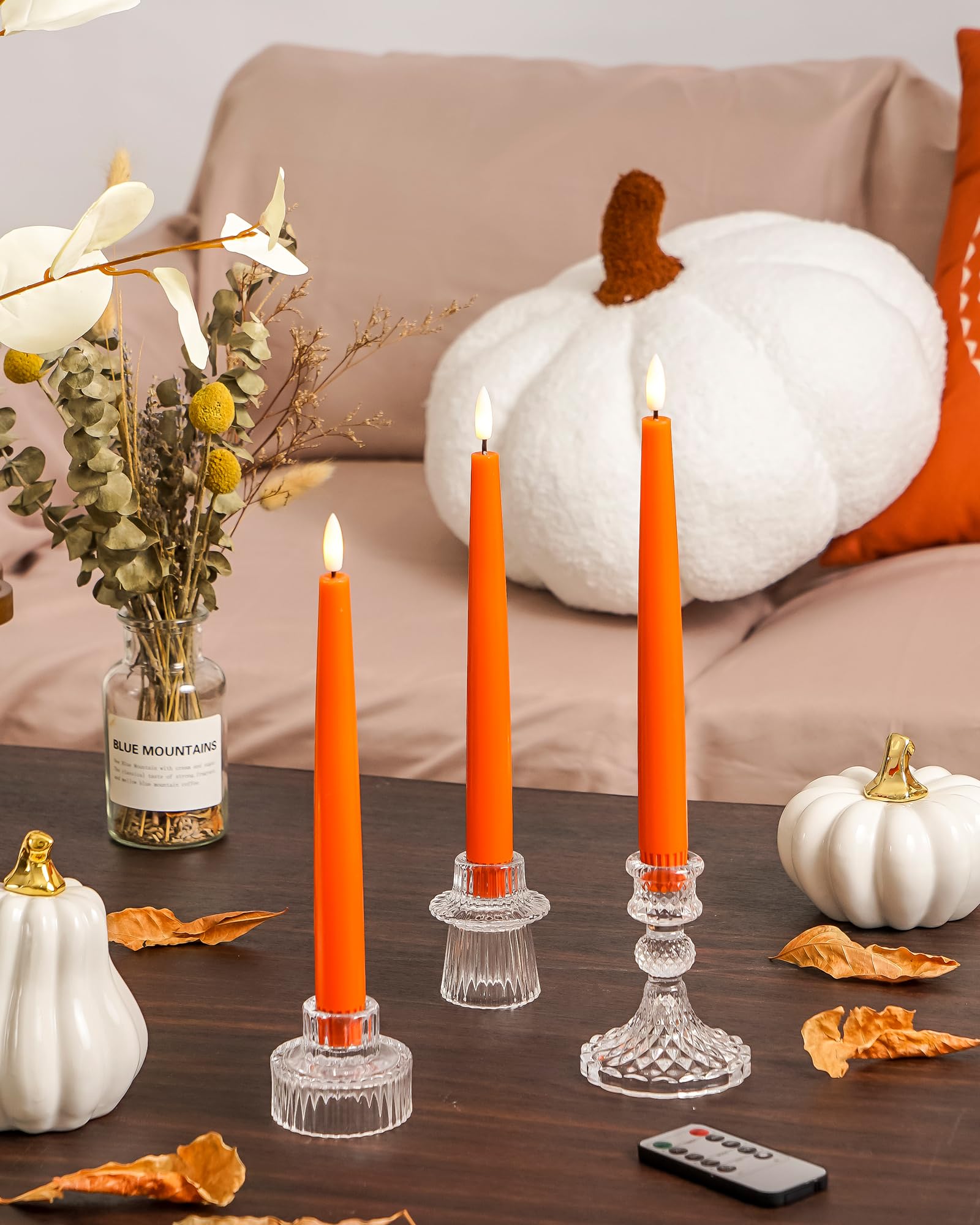 Stmarry Orange Flameless Taper Candles With Remote And Timer, 9.65 Inch Real Wax Led Candlesticks, Fall Taper Candles Battery Op