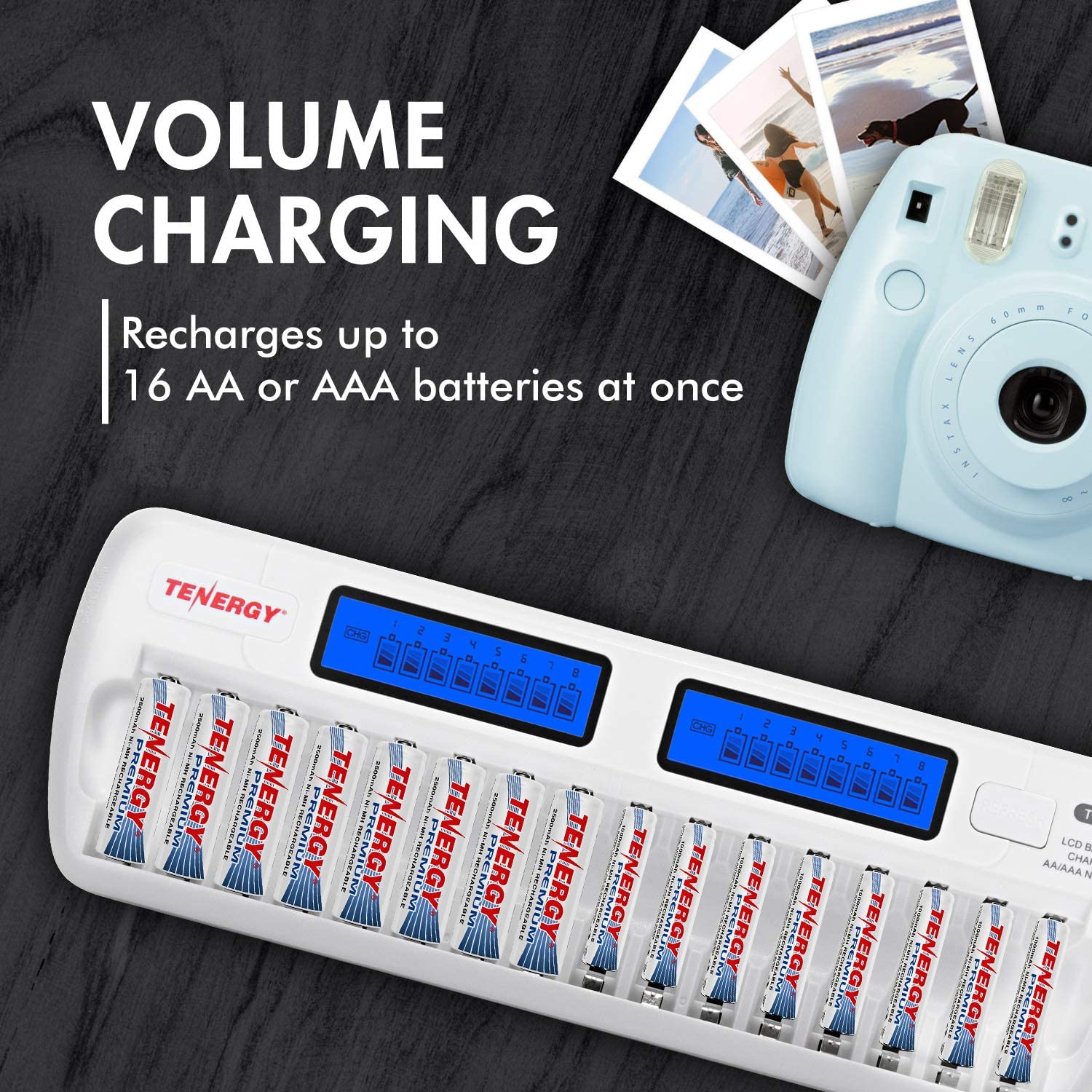Tenergy Tn438 16 Slot Smart Battery Charger For Aa/Aaa Nimh/Nicd Lcd Display + 16 Premium Rechargeable Aa Batteries