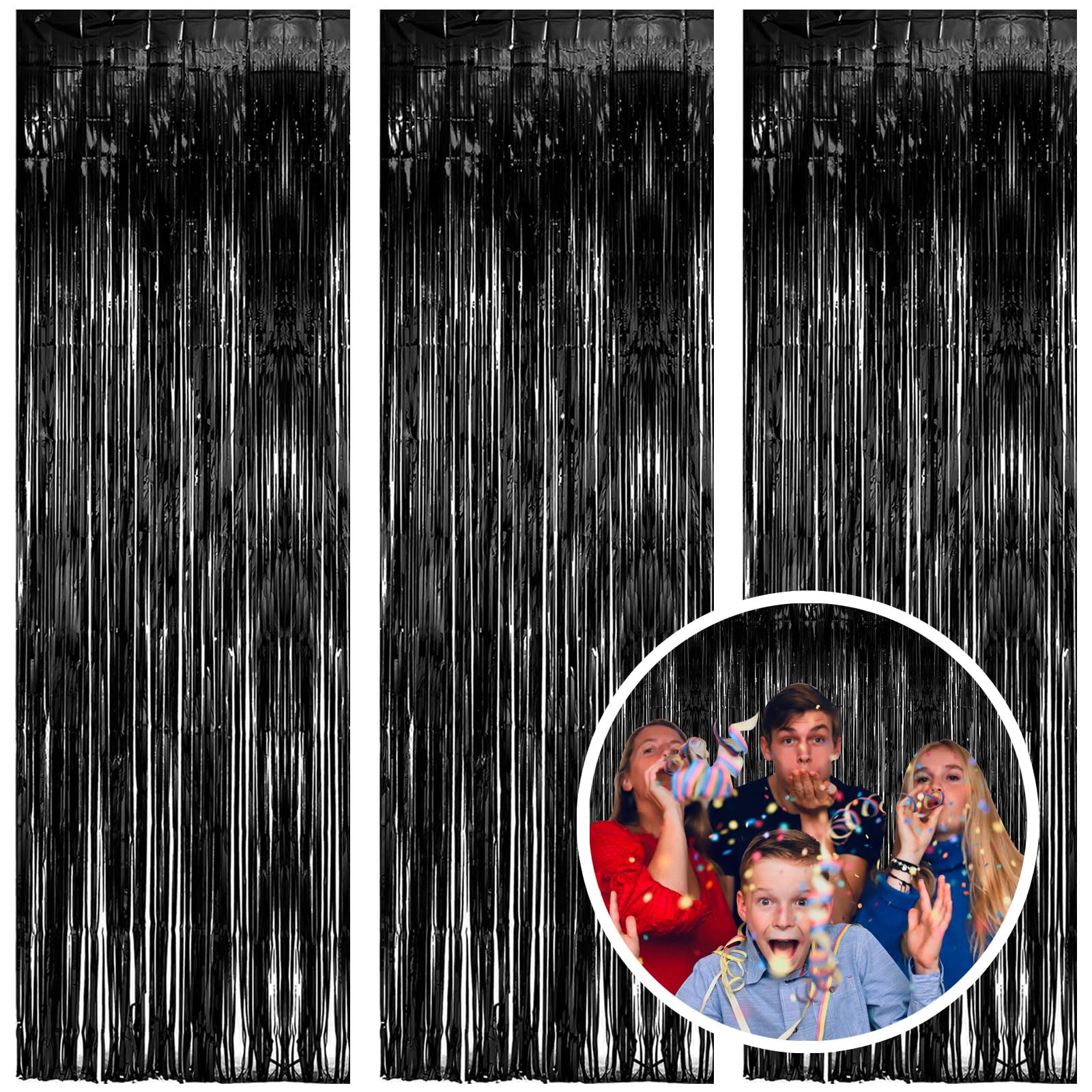 3 Pack Black Fringe Backdrop Streamers Halloween Party Decorations Black Tinsel Foil Curtains Photo Booth Backdrop Birthday Wedn