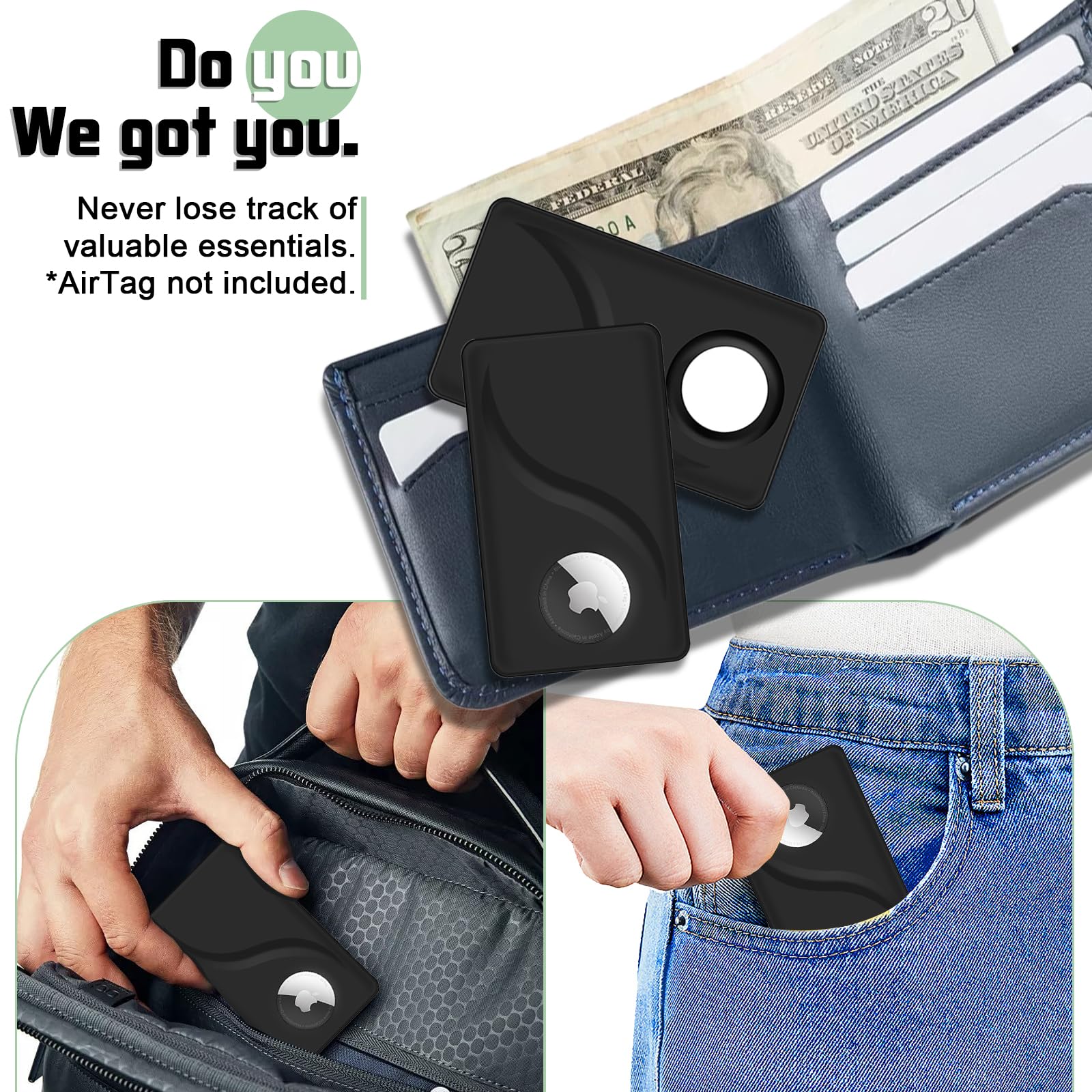 Ultra Slim Airtag Wallet Card,Offset Hole Airtag Holder,Airtag Card Case For Wallet,Handbag,Backpack,Pocket,(Black, Airtag Not I