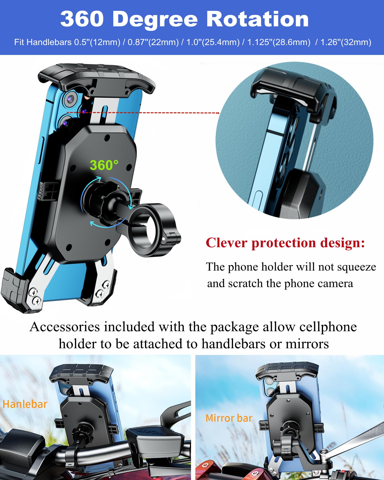 Brcovan Motorcycle Phone Mount, [1S Lock] [One Hand Operation] Bike Phone Mount, Aluminum Alloy Mounting Base Handlebar Cell Phone Holder For Bicycle Motorcycle Atv Scooter Fit 4'' 7'' Smartphones
