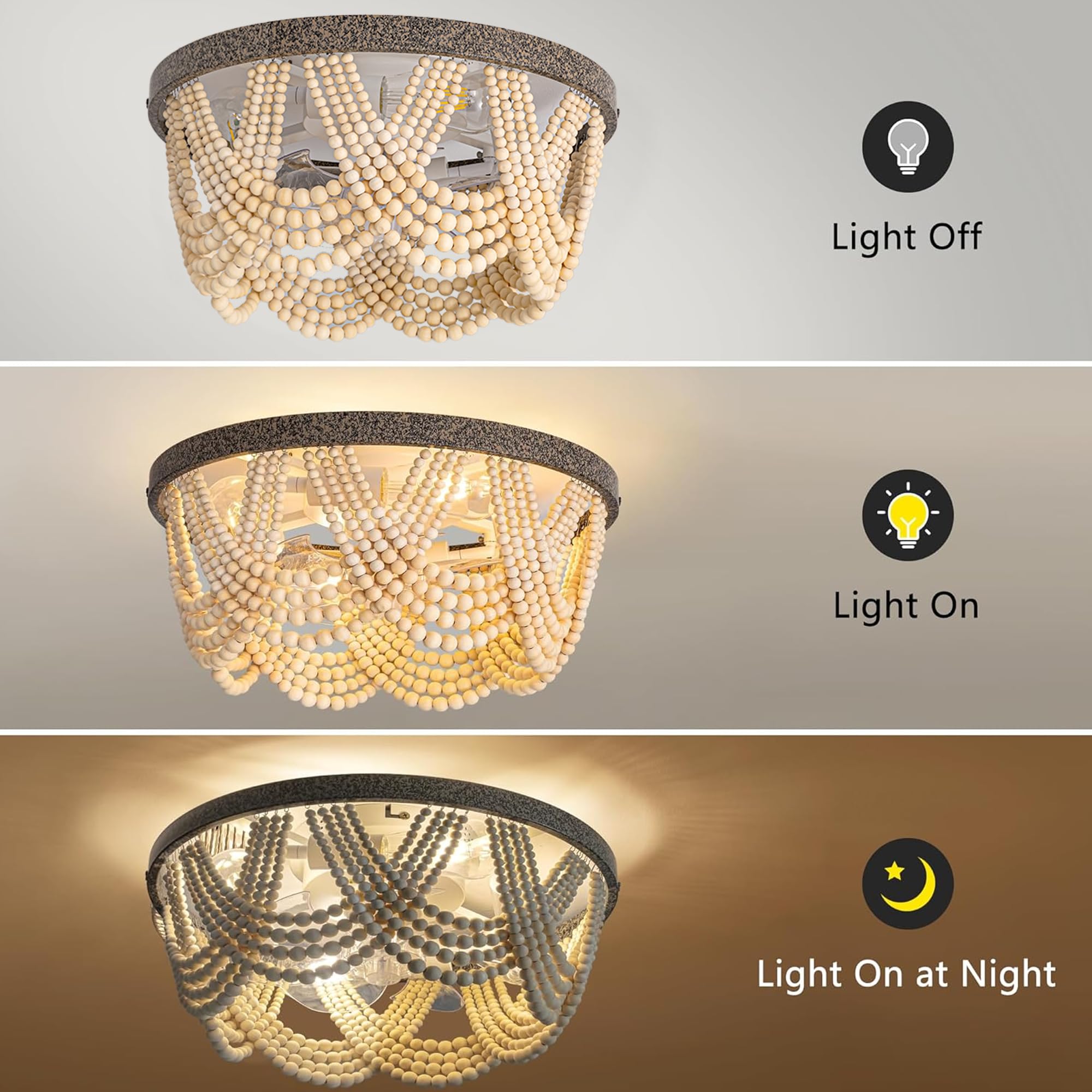 20 Boho Ceiling Fan With Light, Bohemian Caged Ceiling Fan With Lights And Remote Control, Wood Beaded Flush Mount With Reversib