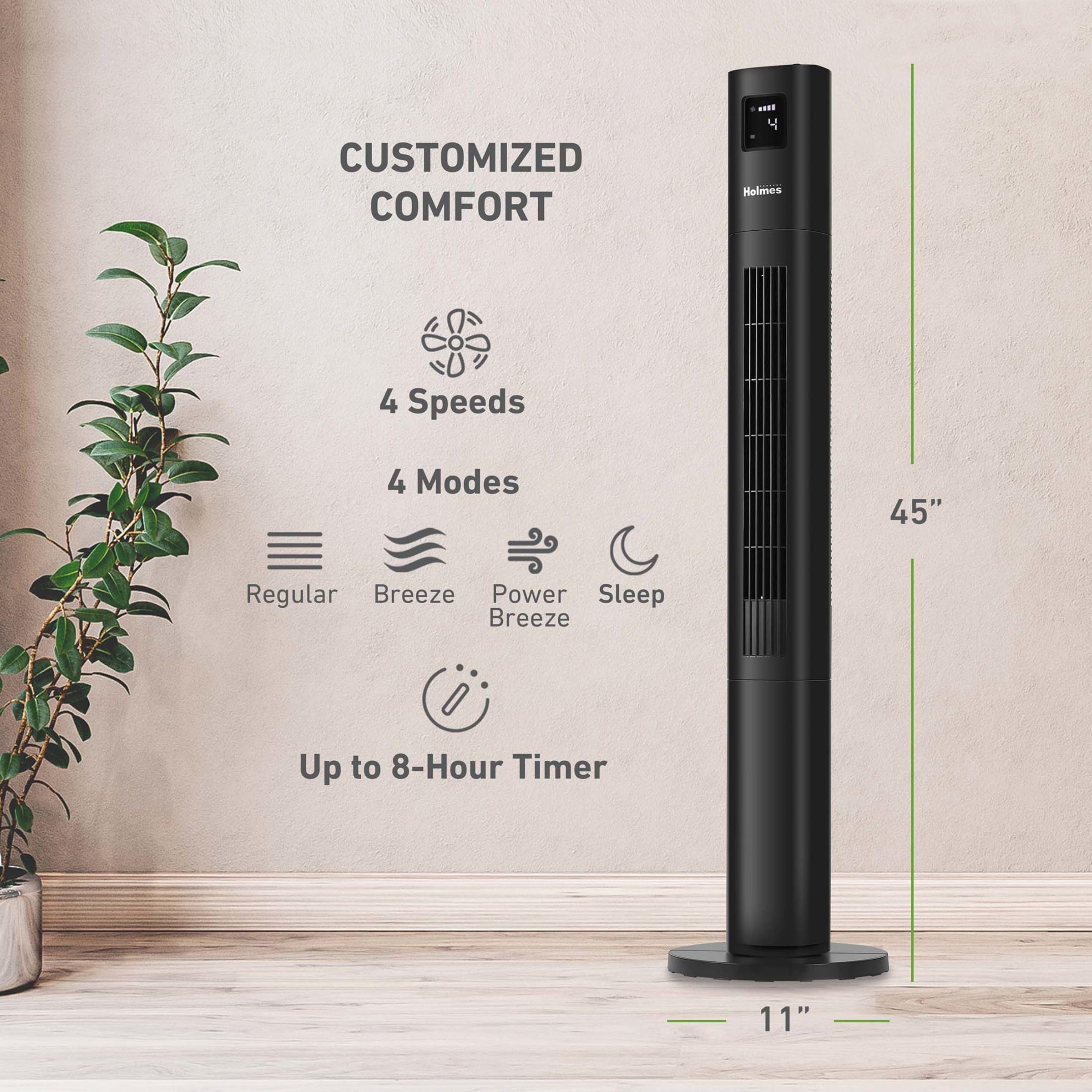 Holmes Stack N Connect 45'' Digital Tower Fan, Clearread Display, Bonus Storage Bag, 90 Oscillation, 4 Speeds, 4 Modes, 8 Hour T
