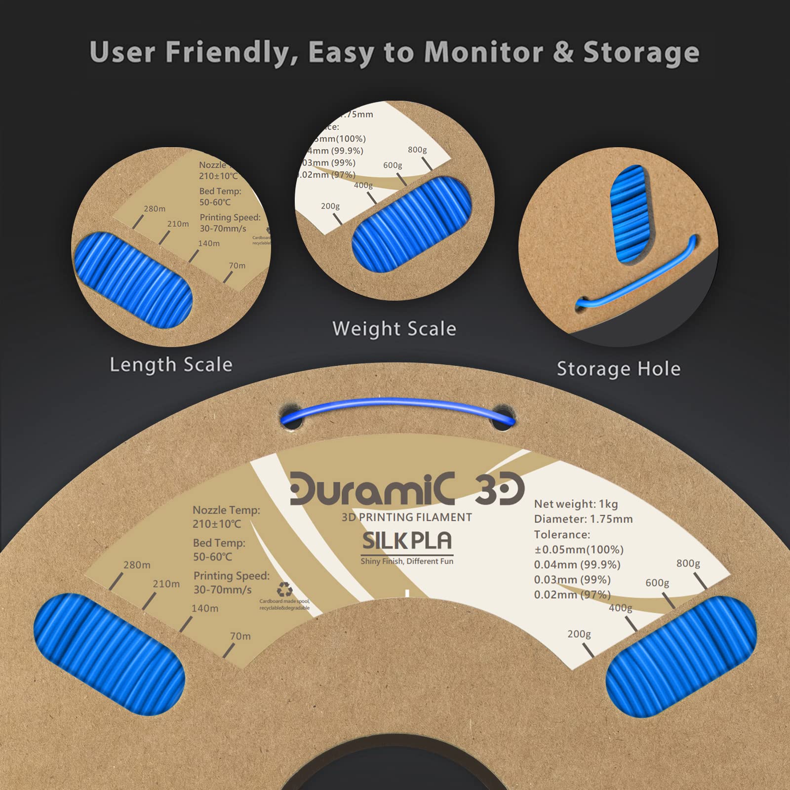 Duramic 3D Shiny Silk Pla Filament 1.75Mm Blue, Shiny Blue Pla Filament Dimensional Accuracy +/- 0.05 Mm 1Kg Spool(2.2 Lbs)