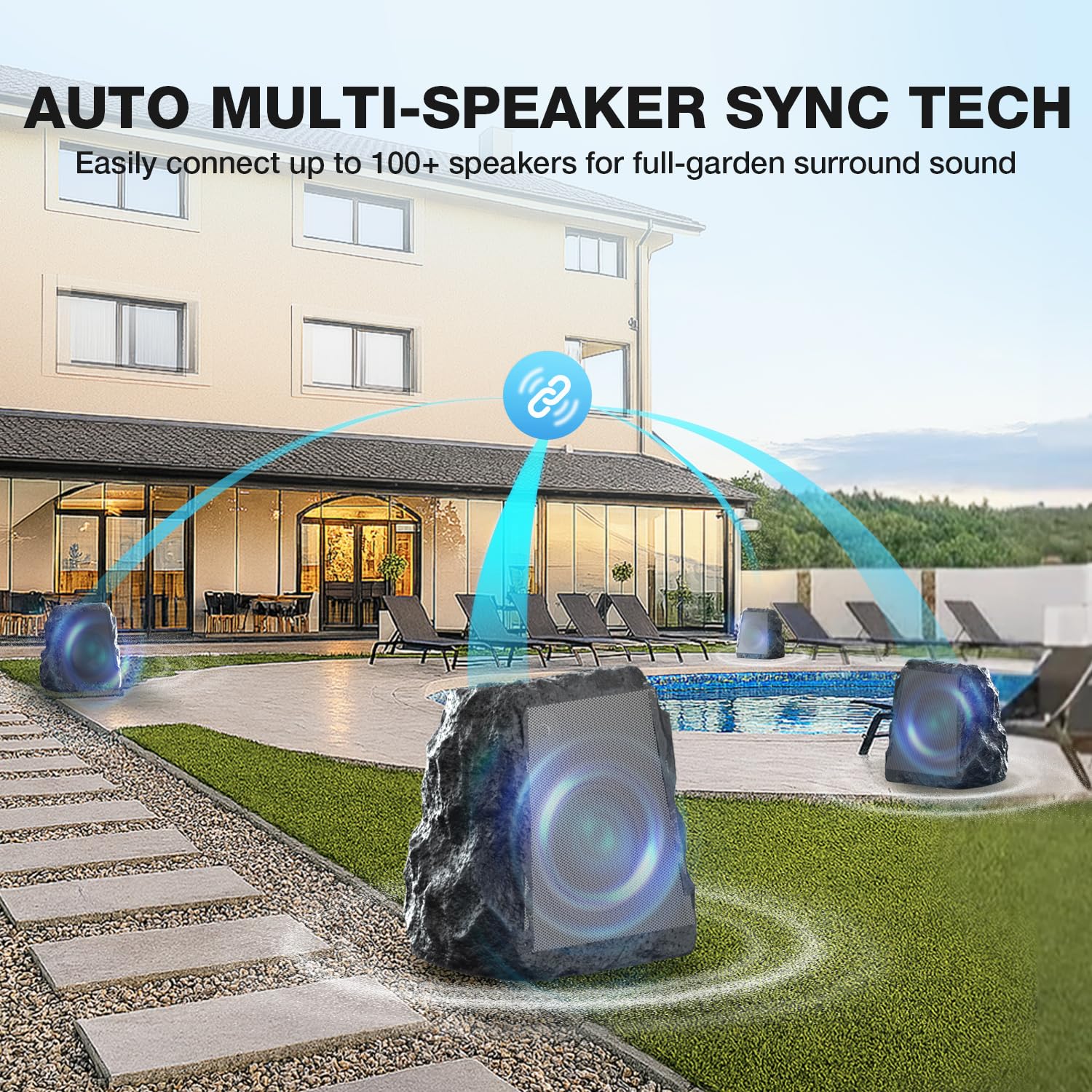 Blitzrock Wireless Outdoor Rock Speakers, 80W 2-Driver Outdoor Speaker Solar Powered, Easy Pairing, Auto-Sync For 100+ Speakers,