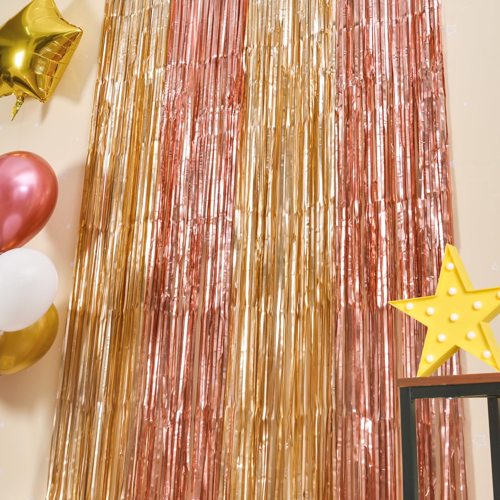 Lolstar 2 Pack Rose Gold Birthday Decorations, 3.3X6.6Ft Pink And Gold Foil Fringe Curtains, Tinsel Streamers Backdrop Photo Boo