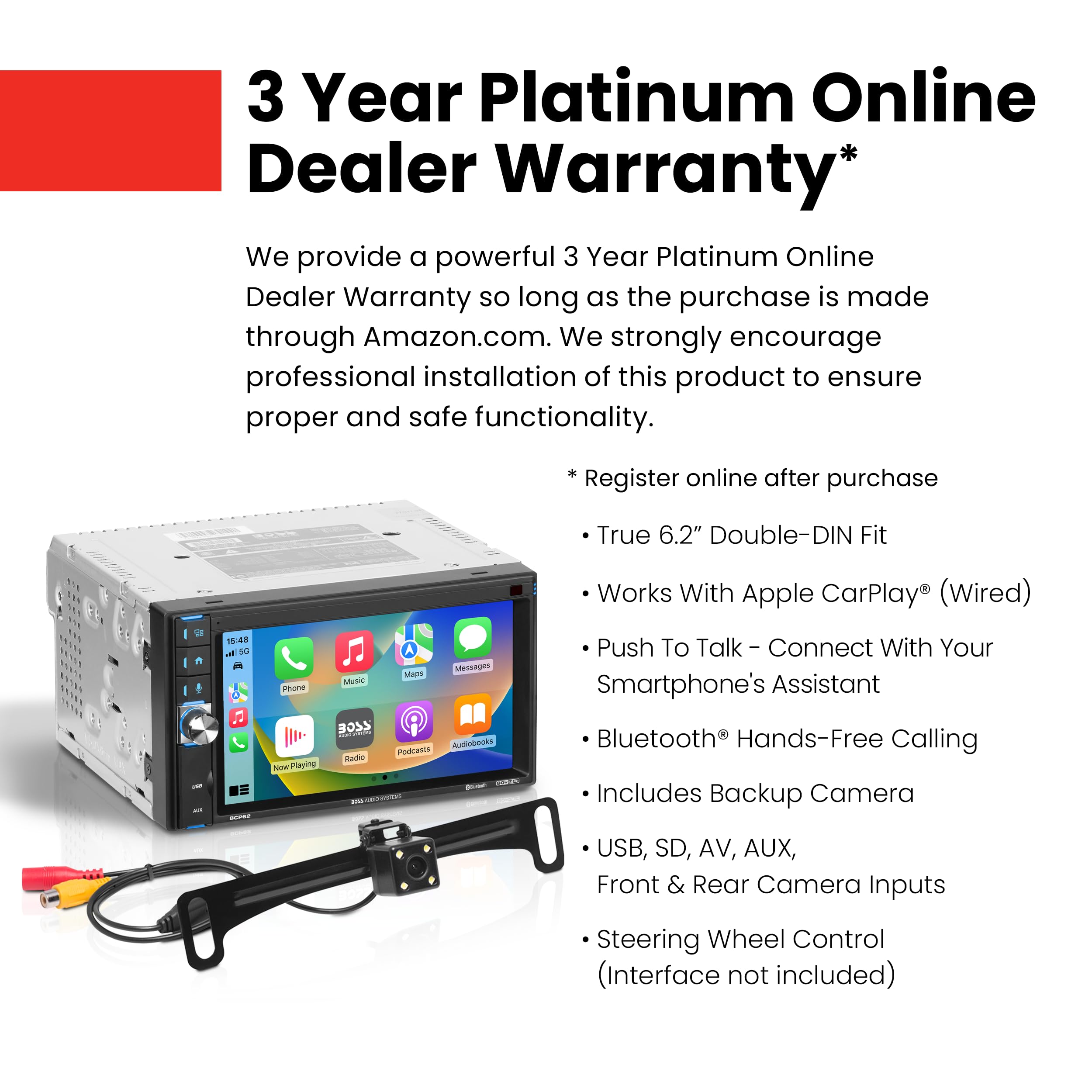 Boss Audio Systems Bcp62 Rc Car Stereo   Apple Carplay, Double Din, 6.2 Inch Capacitive Touchscreen, Bluetooth, No Cd Dvd Player