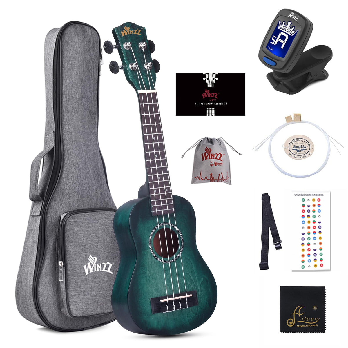 Winzz Hand Rubbed Series   21 Inches Soprano Ukulele Vintage Hawaiian Uke With Online Lessons, Bag, Tuner, Strap, Extra Strings,