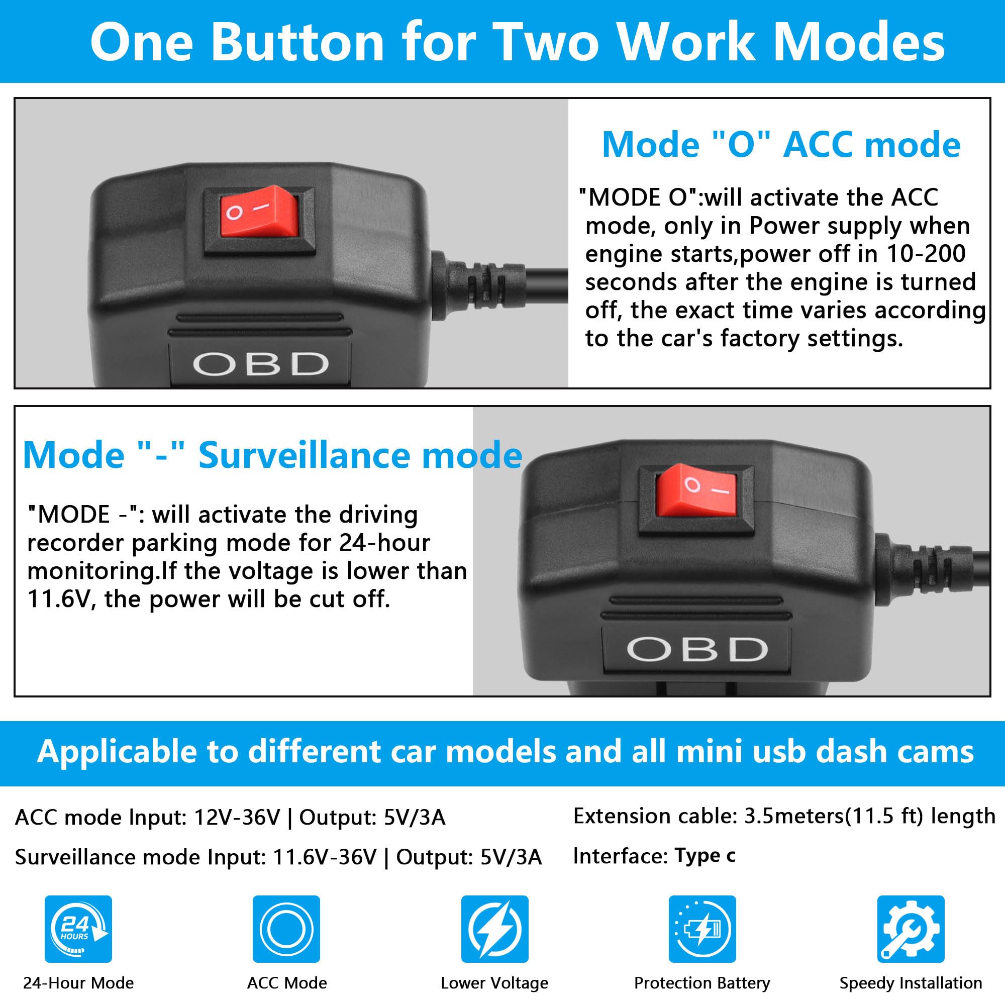 Cerrxian Obd Power Cable For Dash Camera Obd2 To Type C Adapter Hardwire Charger Cable 24 Hours Surveillance/Acc Mode With Low V