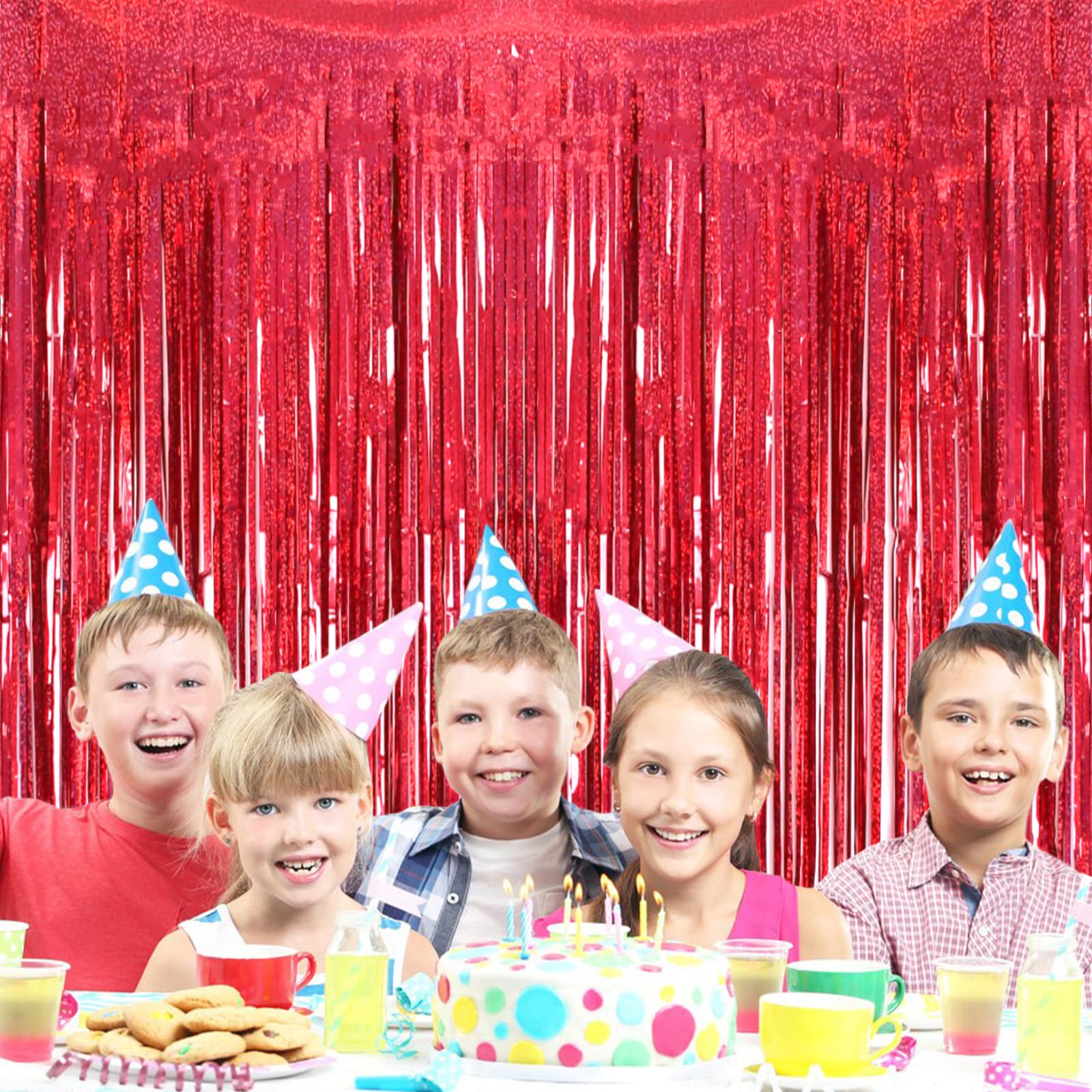 2 Pack 3.2Ft X 8.2Ft Red Foil Fringe Curtain, Glitter Metallic Tinsel Foil Fringe Curtains Photo Booth Backdrop Tinsel Door Curt