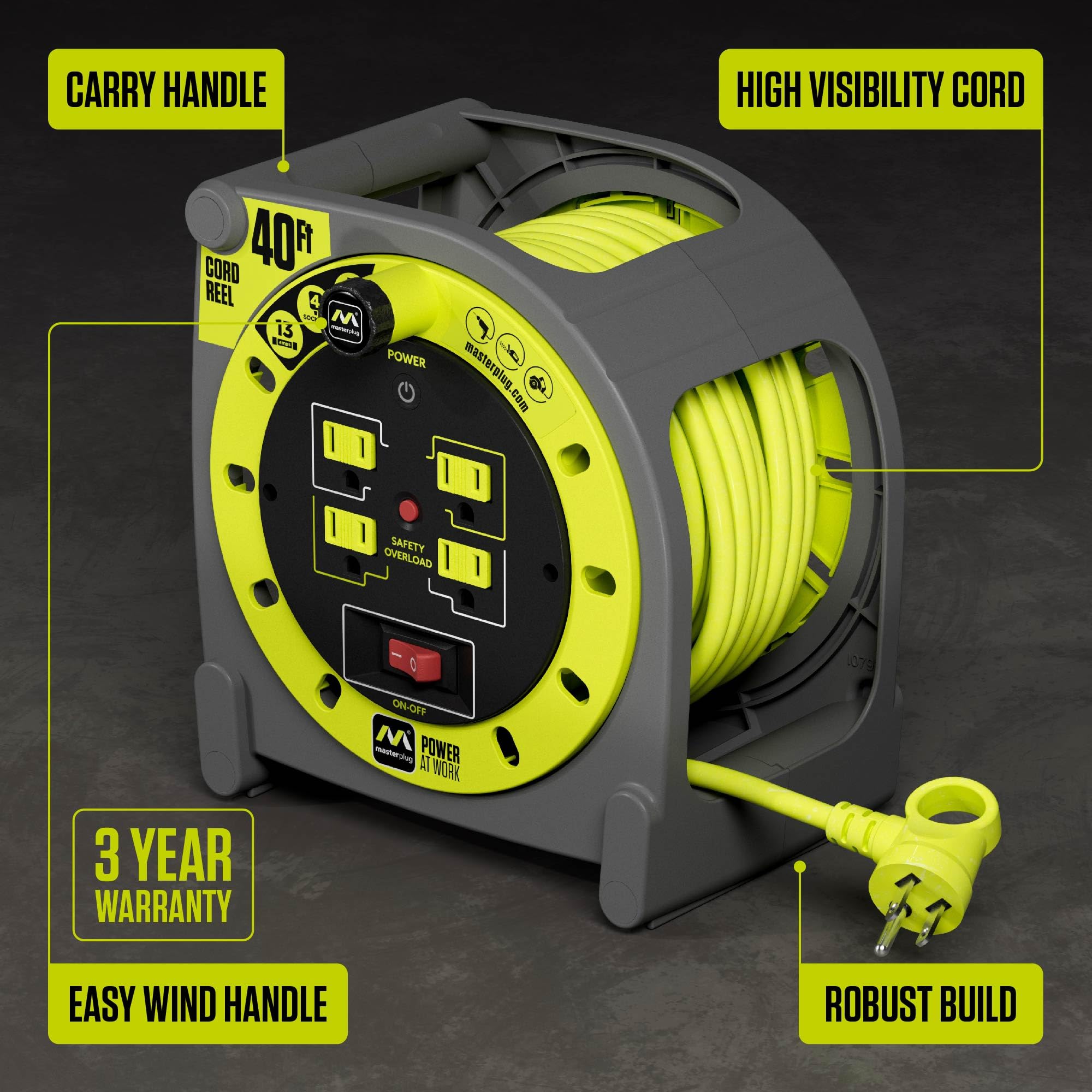 Masterplug 40Ft Case Cord Reel, Retractable Extension Lead With Winding Handle, Safety Overload Circuit Breaker And Power Switch