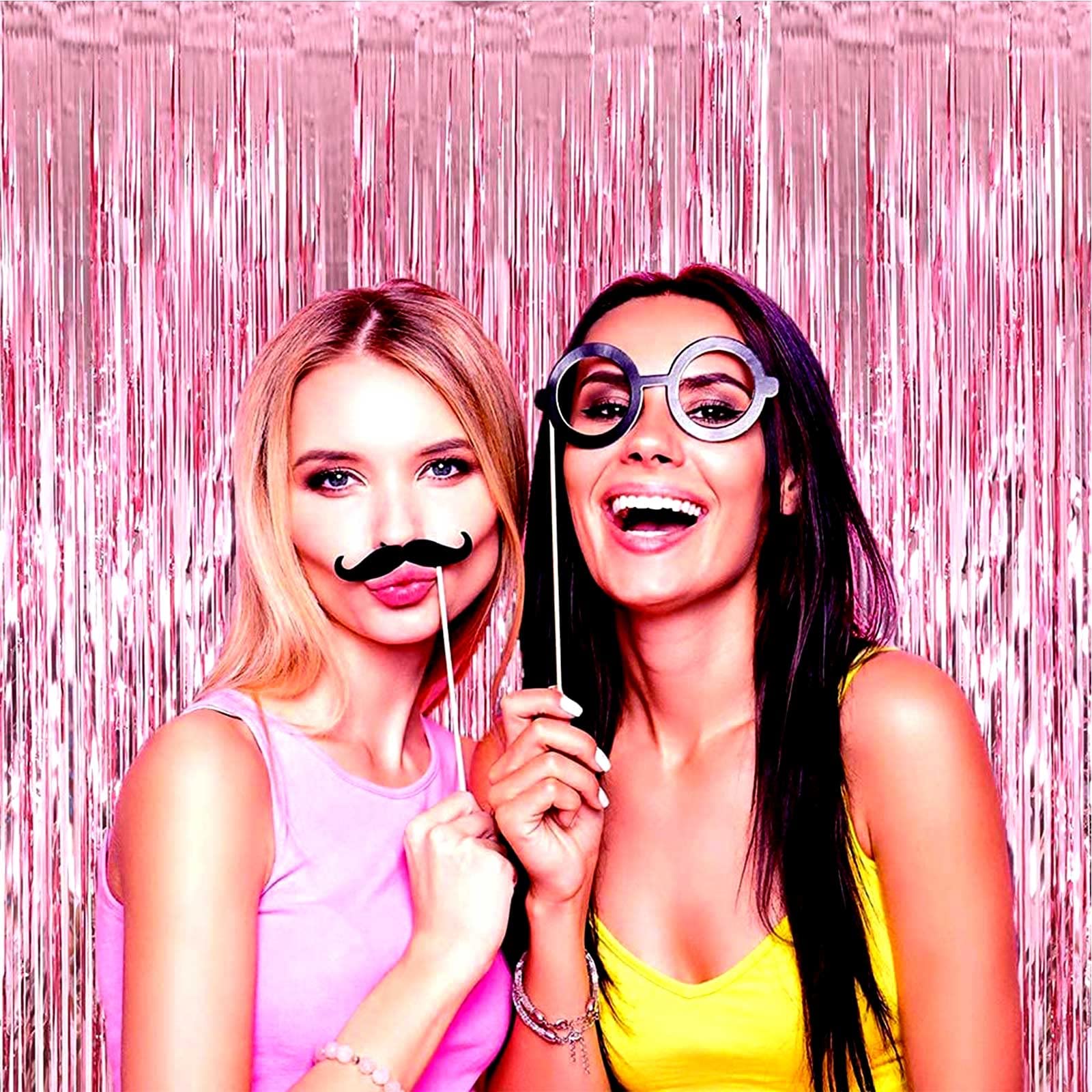 4 Pack Pink Foil Fringe Curtain Backdrop, 3.3Ft X 9.8Ft Metallic Tinsel Foil Fringe Streamers Curtains For Photo Booth, Wedding,