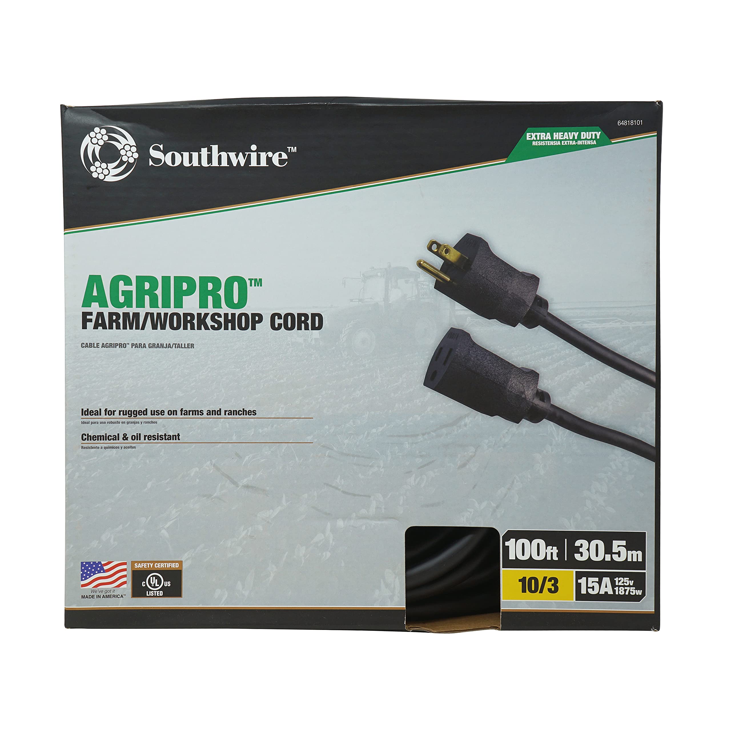 Southwire Agripro 10/3 Extra Heavy Duty Extension Cord, 100Ft, Farm/Workshop Cord, Sjtow, Black, 64818101