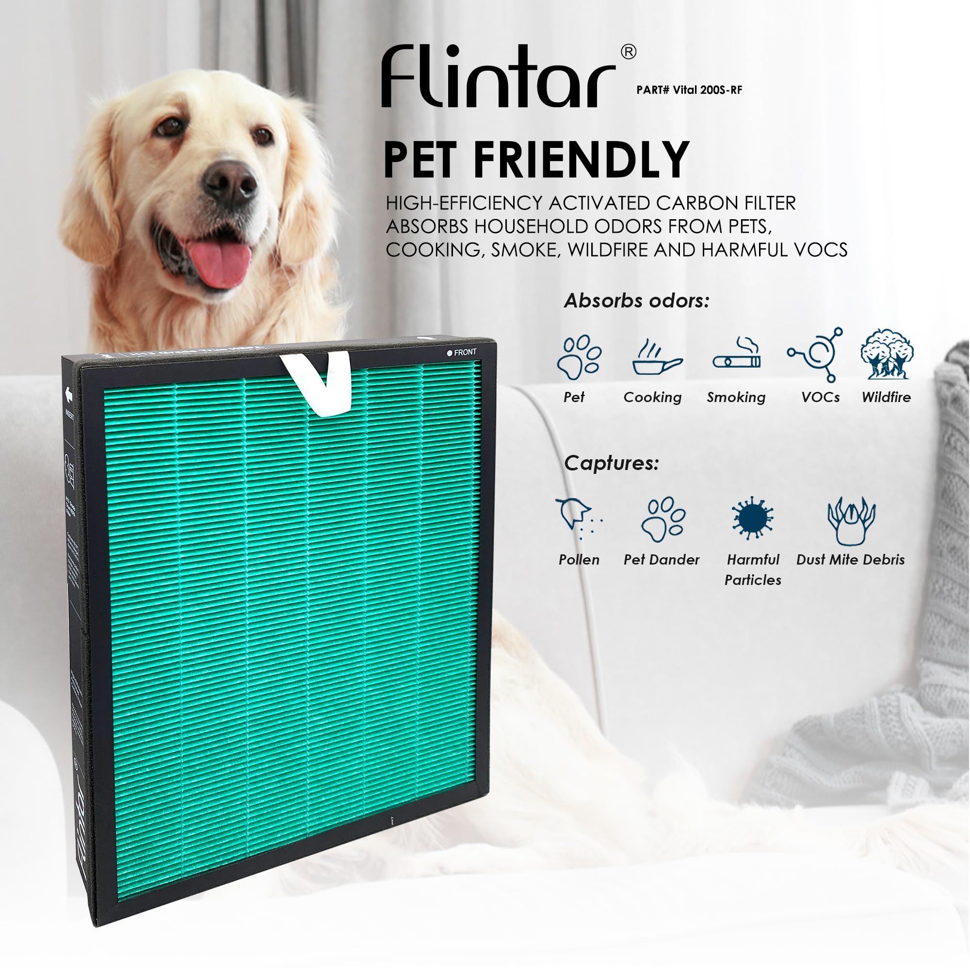 Flintar Vital 200S Toxin/Smoke Absorber Replacement Filter, Compatible With Levoit Vital 200S Air Purifier, H13 True Hepa + Acti