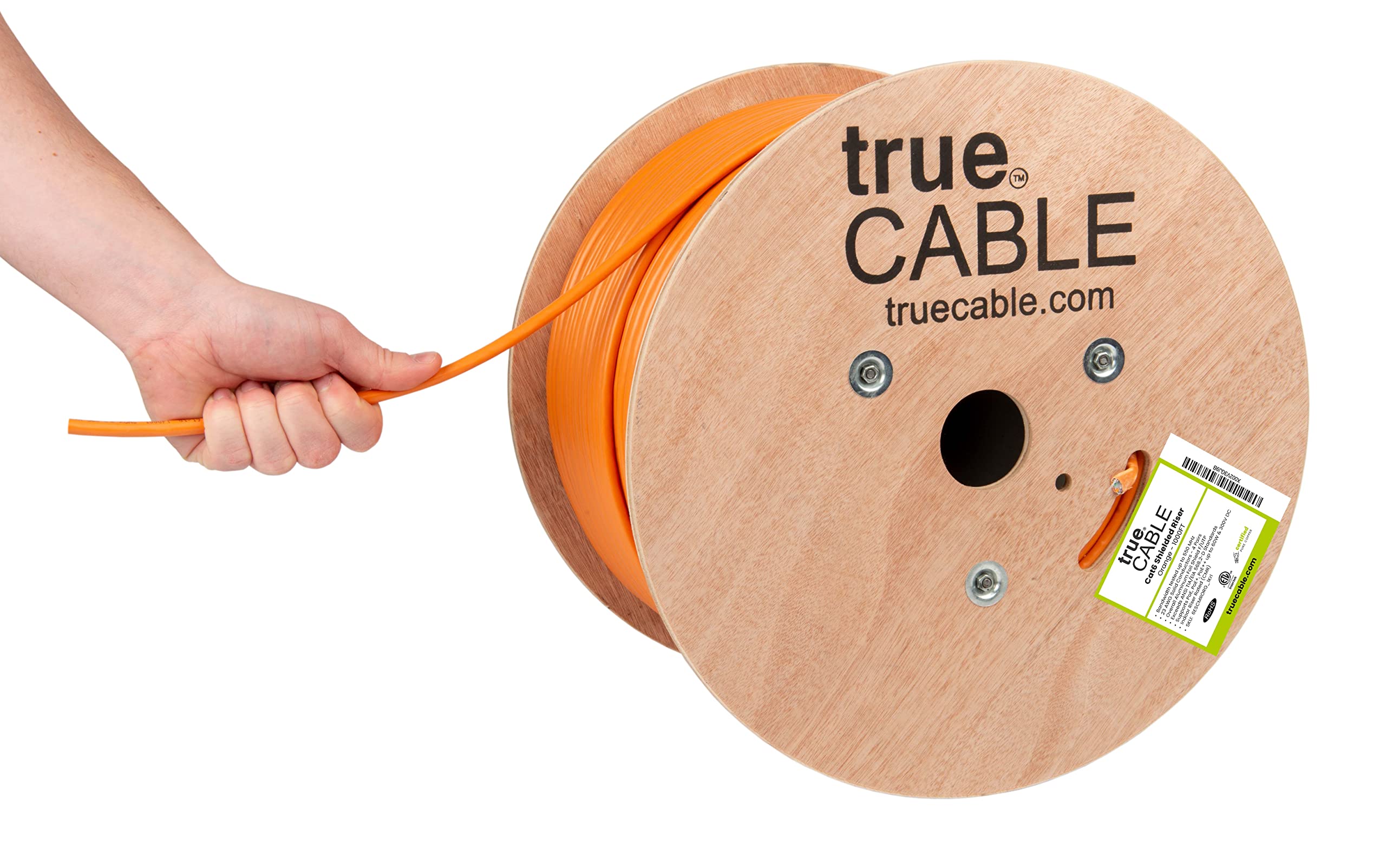 Truecable Cat6 Shielded Riser (Cmr), 1000Ft, Orange, 23Awg Solid Bare Copper, 550Mhz, Poe++ (4Ppoe), Etl Listed, Overall Aluminum Foil Shield (F/Utp), Bulk Ethernet Cable