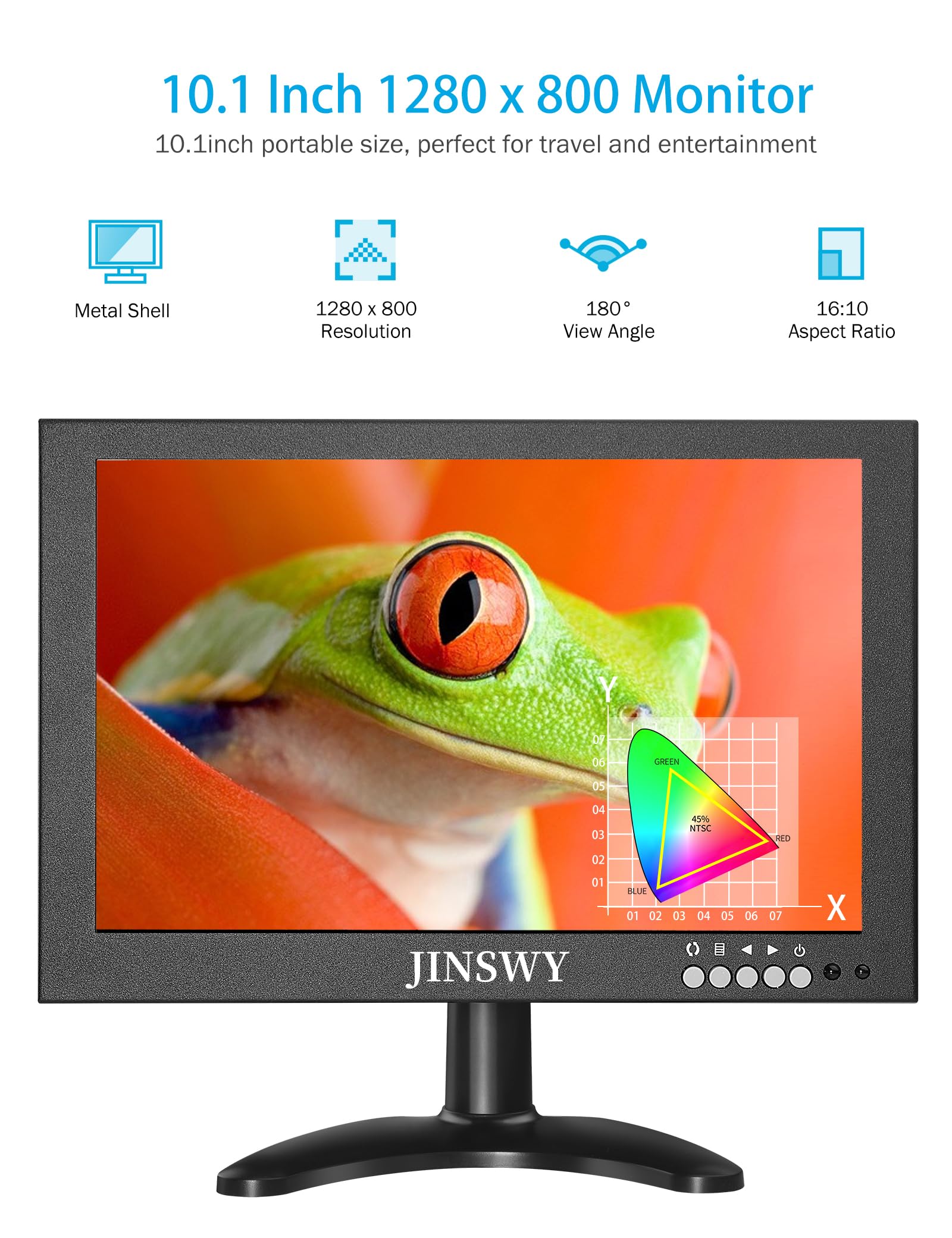 Jinswy 10.1 Security Monitor, 1280 X 800 Hd Display, 16:10 Ips Metal Portable Mini Cctv Monitor, Hdmi Vga Bnc Av Usb Ports, Buil