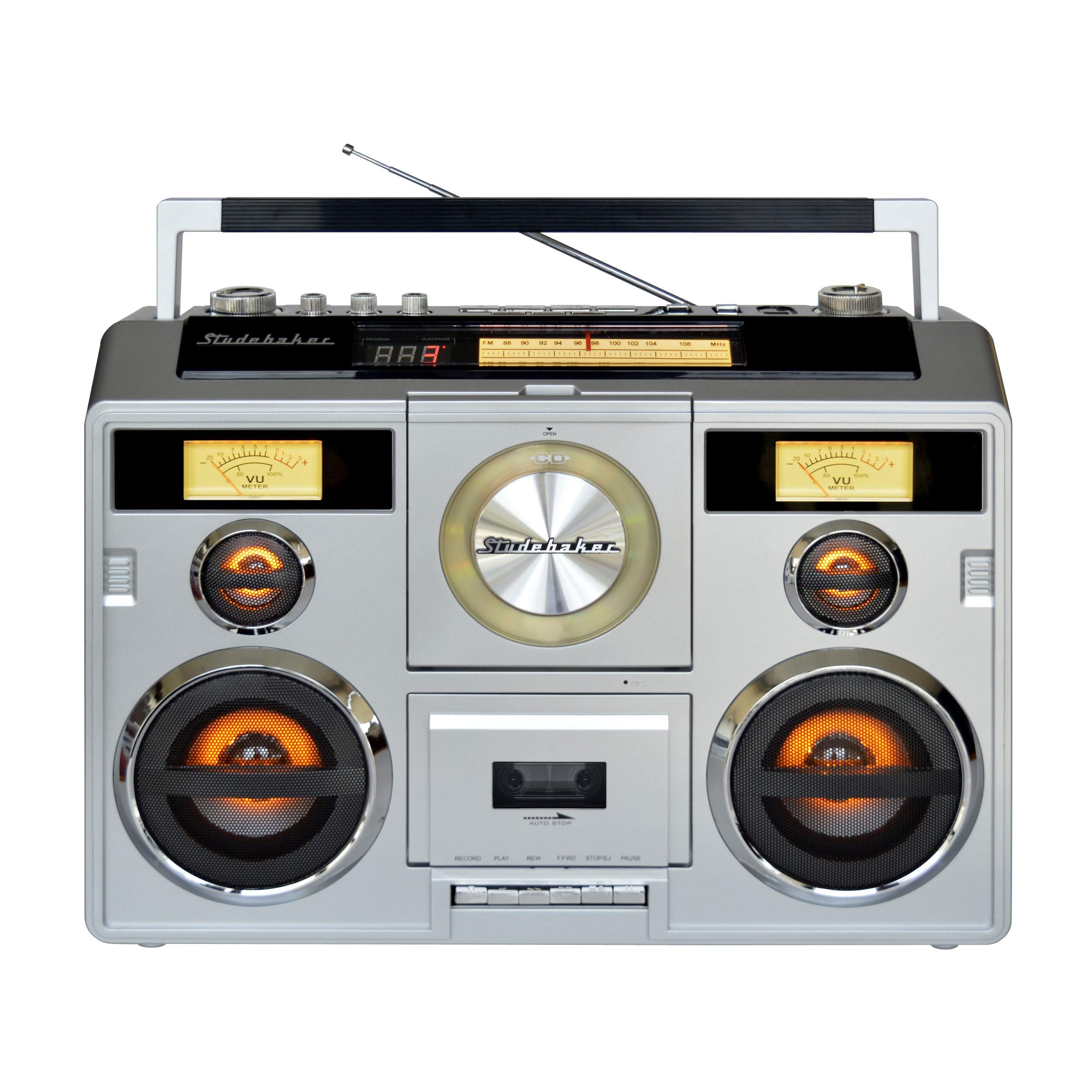 Studebaker Sound Station Portable Stereo Boombox With Bluetooth/Cd/Am-Fm Radio/Cassette Recorder (Silver)